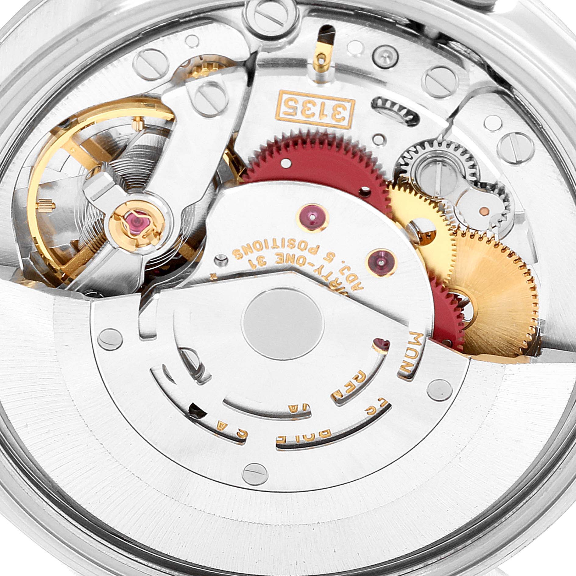 The image shows a close-up view of the movement mechanism of a Rolex Date 15200 Men's Stainless Steel Blue Dial 15200 Men's Stainless Steel Blue Dial model watch, highlighting gears and components.