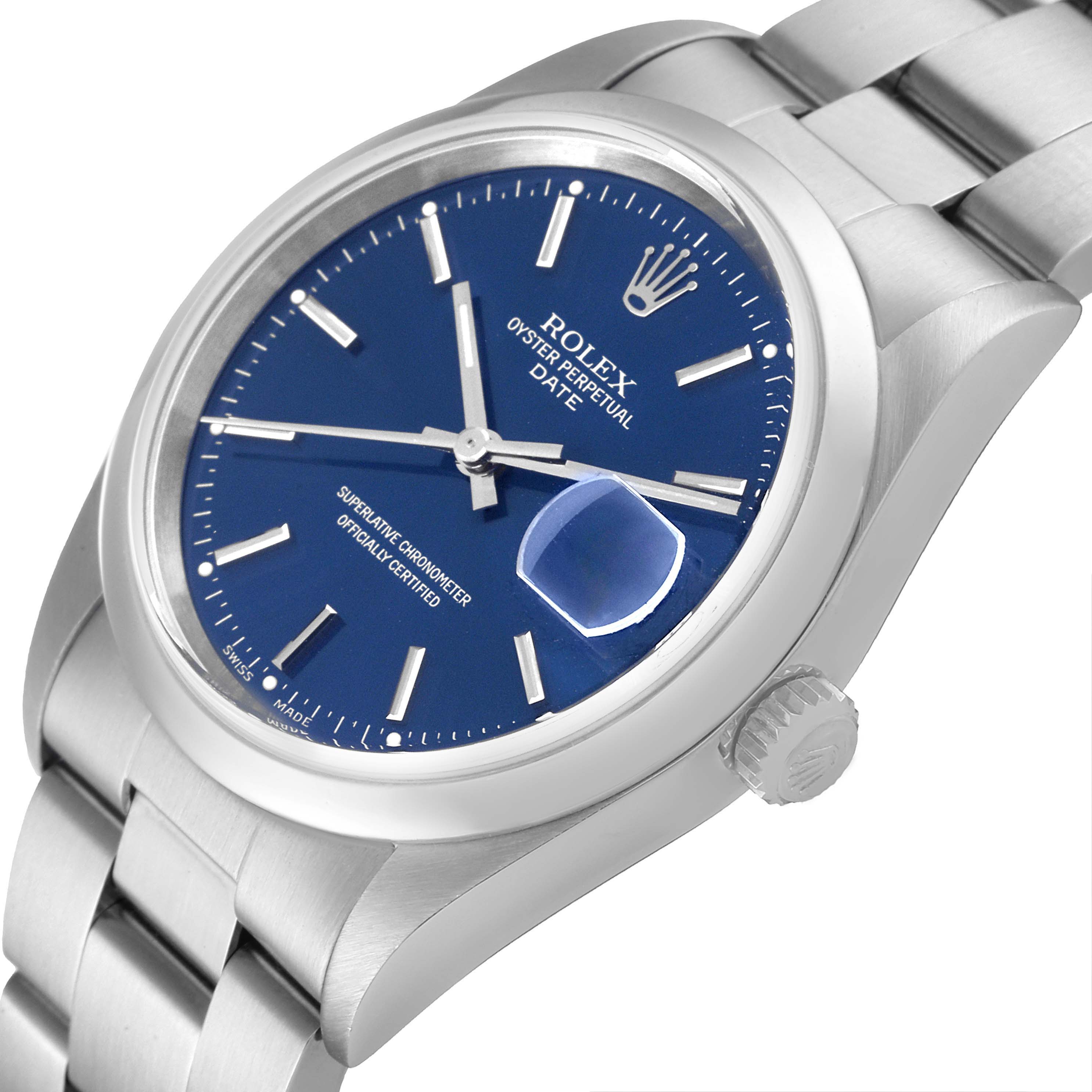 This image depicts a Rolex Date 15200 Men's Stainless Steel Blue Dial 15200 Men's Stainless Steel Blue Dial model watch at an angle showcasing its face, crown, and bracelet.