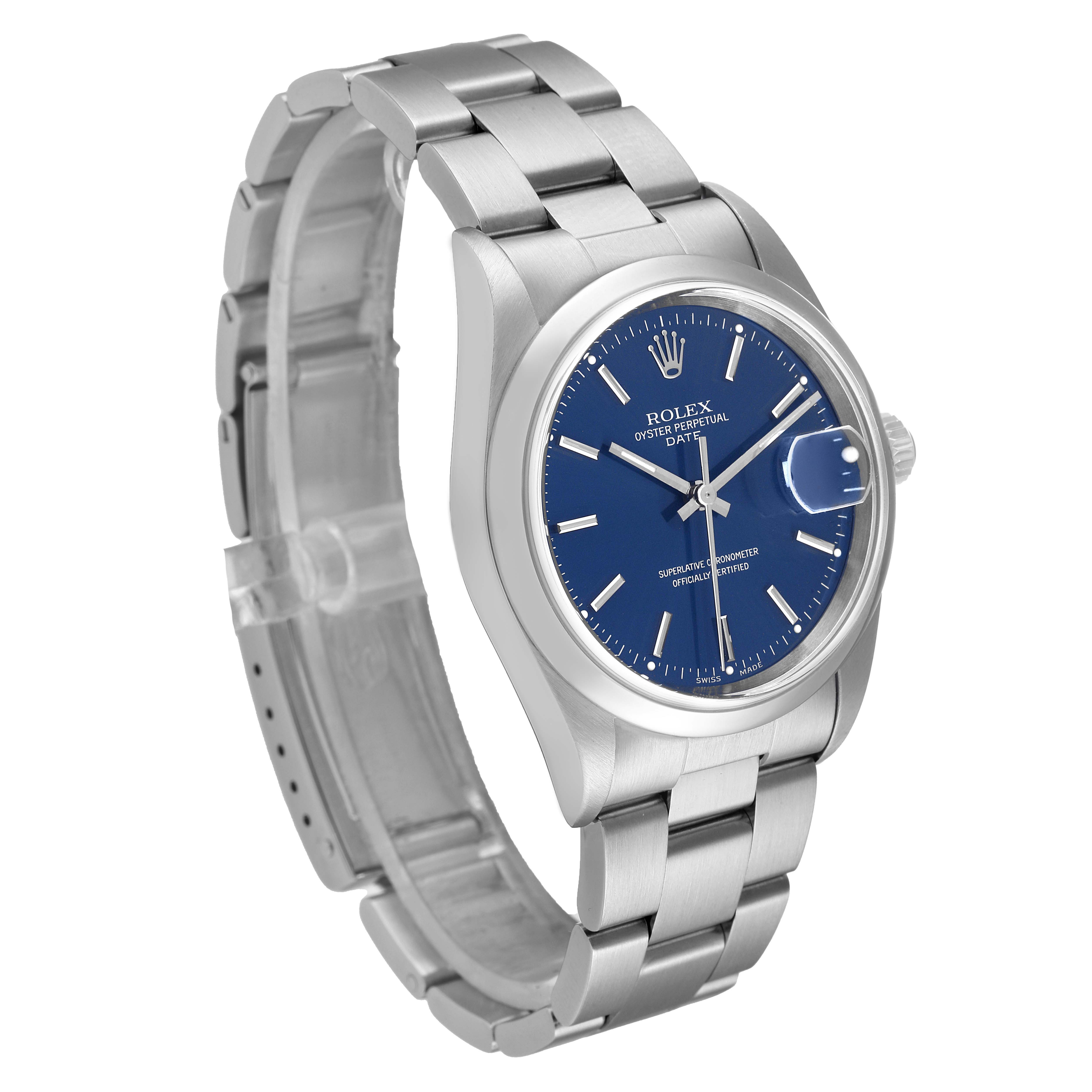 The image shows a side angle of a Rolex Date 15200 Men's Stainless Steel Blue Dial 15200 Men's Stainless Steel Blue Dial model watch, highlighting its blue dial and stainless steel bracelet.