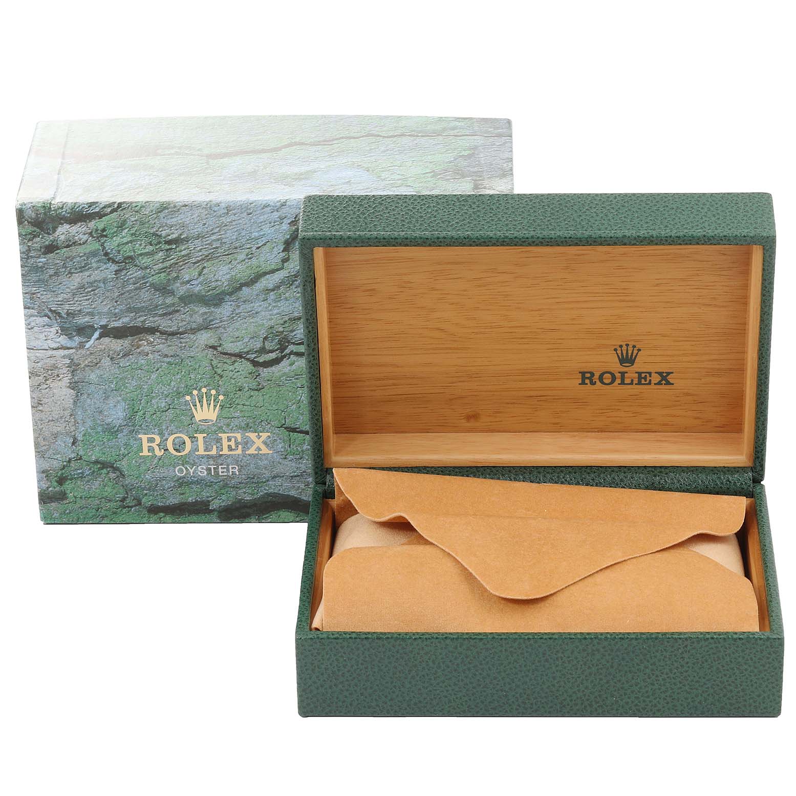 The image shows an open Rolex Date 15200 Men's Stainless Steel Blue Dial 15200 Men's Stainless Steel Blue Dial model watch box, displaying its interior and packaging materials.