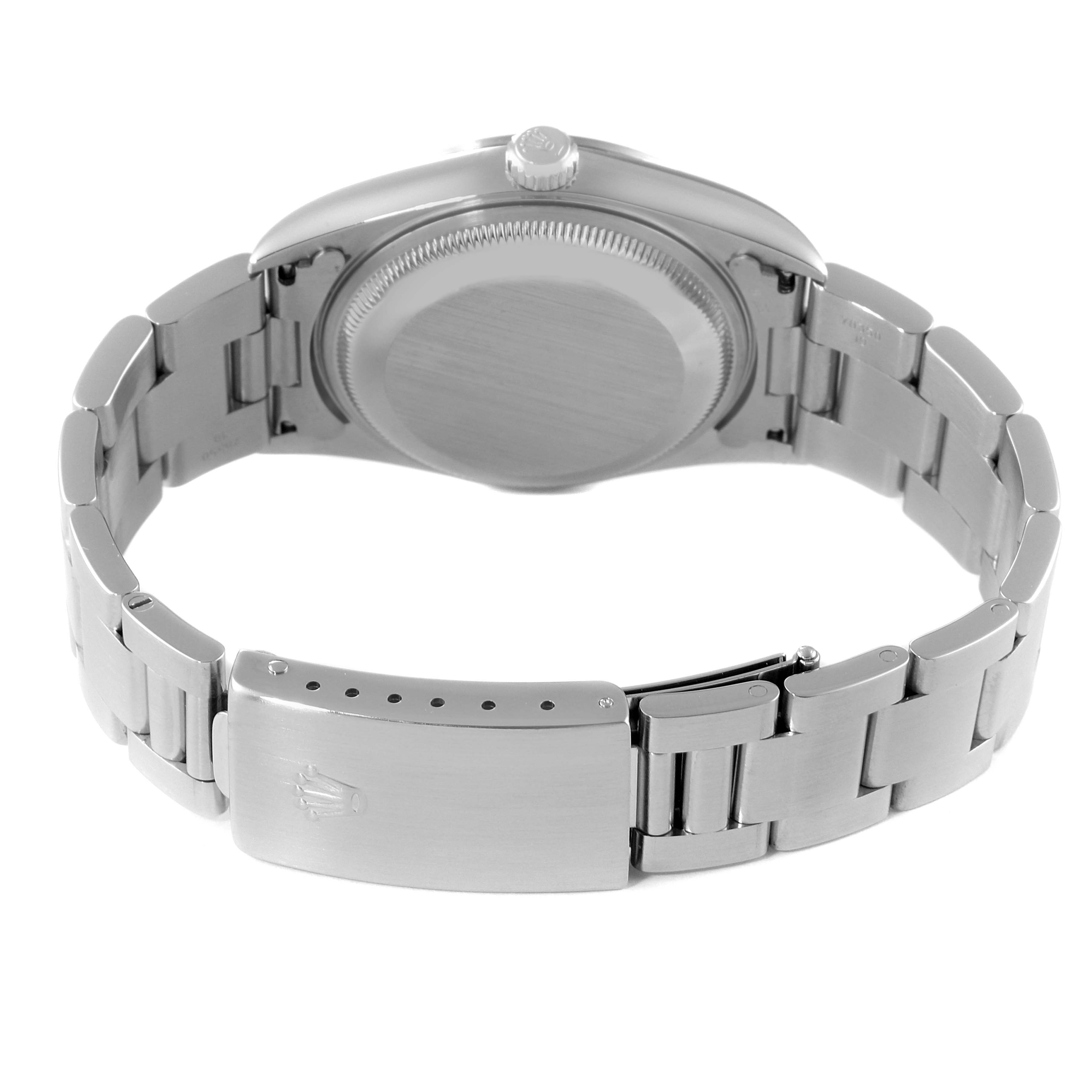 The image shows the back view of the Rolex Date 15200 Men's Stainless Steel Blue Dial 15200 Men's Stainless Steel Blue Dial model watch, highlighting its case back, bracelet, and clasp.