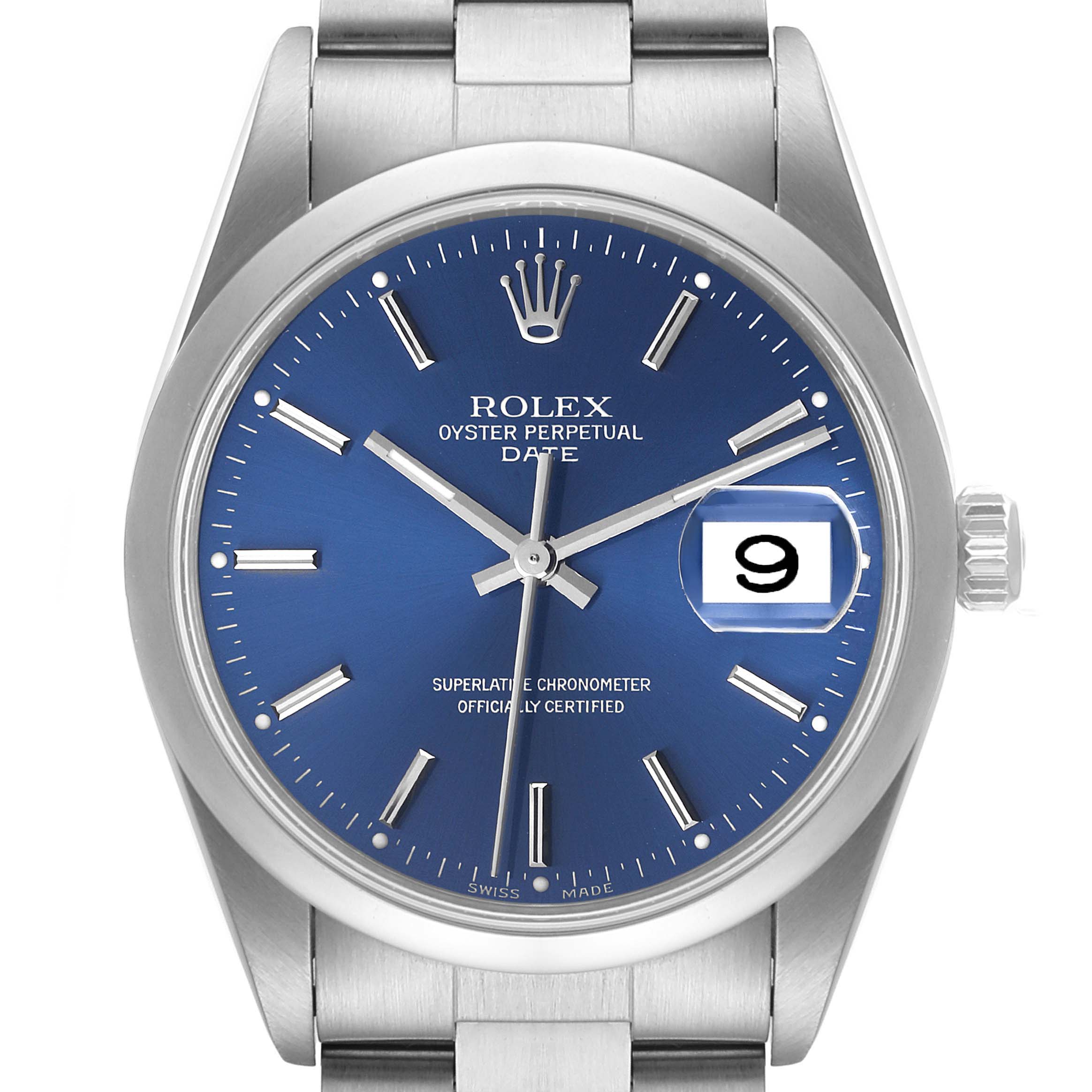 The image shows a front view of the Rolex Oyster Perpetual Date watch, with a blue dial and visible date window.