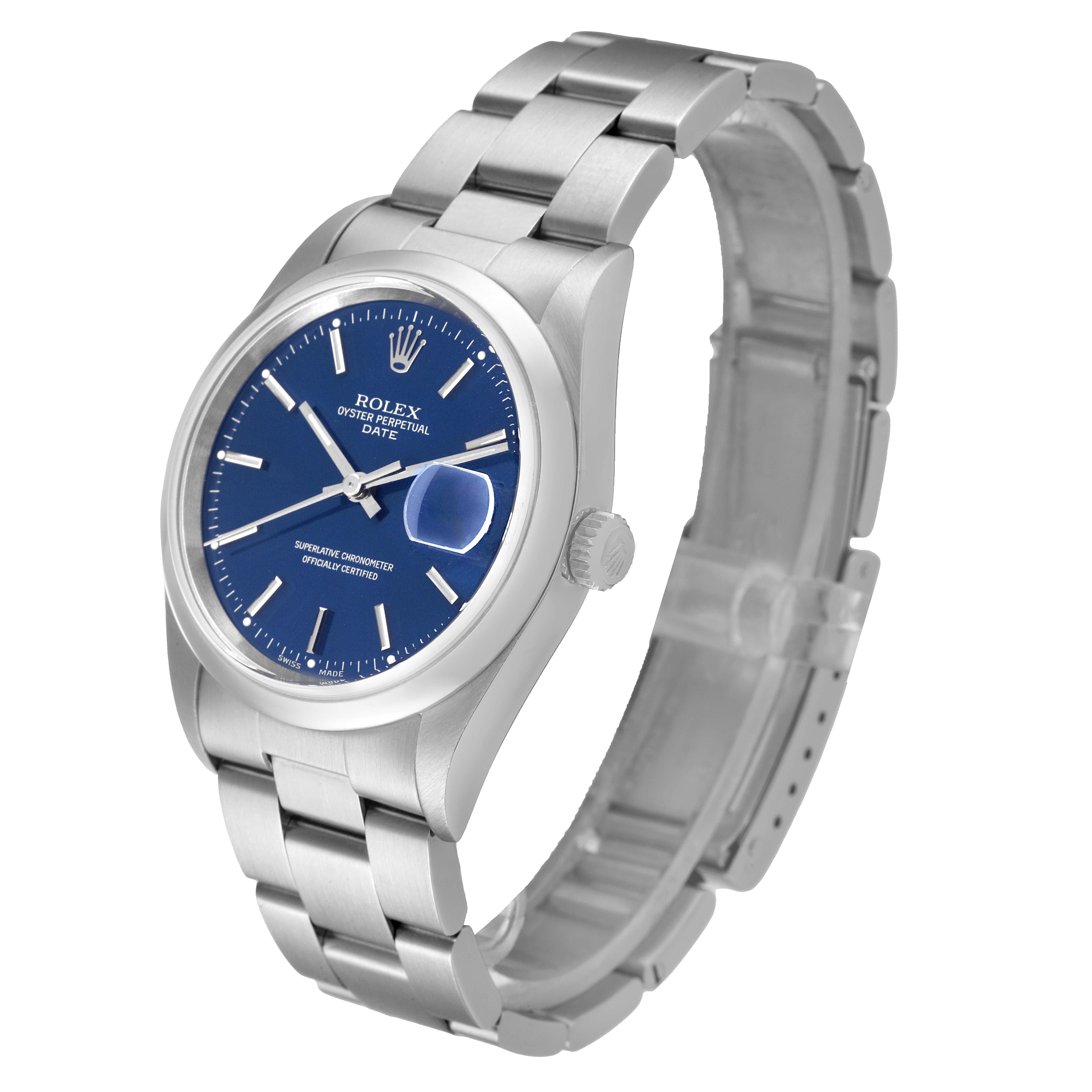 The Rolex Date 15200 Men's Stainless Steel Blue Dial 15200 Men's Stainless Steel Blue Dial model watch is shown at an angled view, displaying its blue dial, bracelet, and partially open clasp.