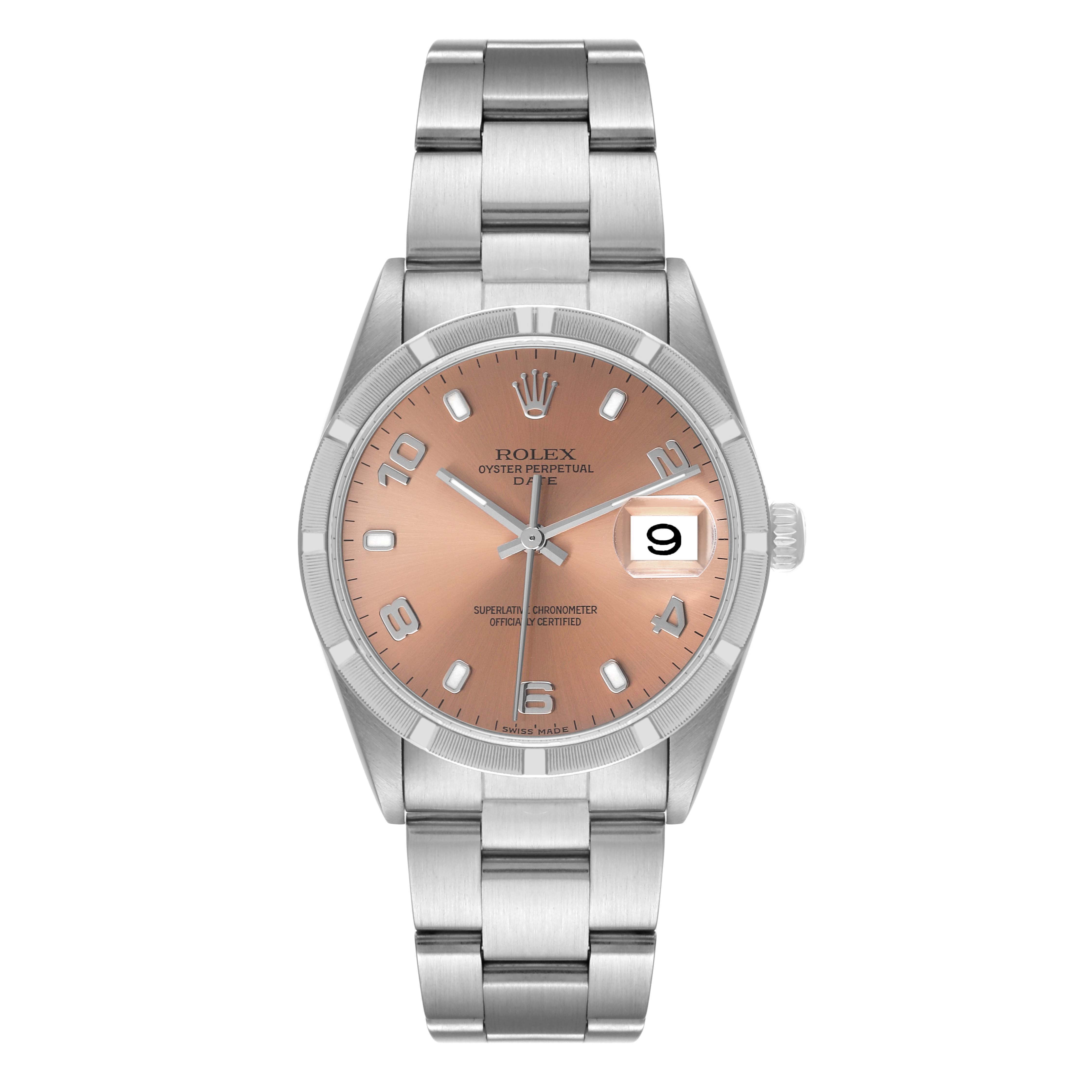 The image shows a front view of the Rolex Date 15210 Men's Stainless Steel Pink Dial 15210 Men's Stainless Steel Pink Dial model watch, highlighting its dial, bracelet, and date window.