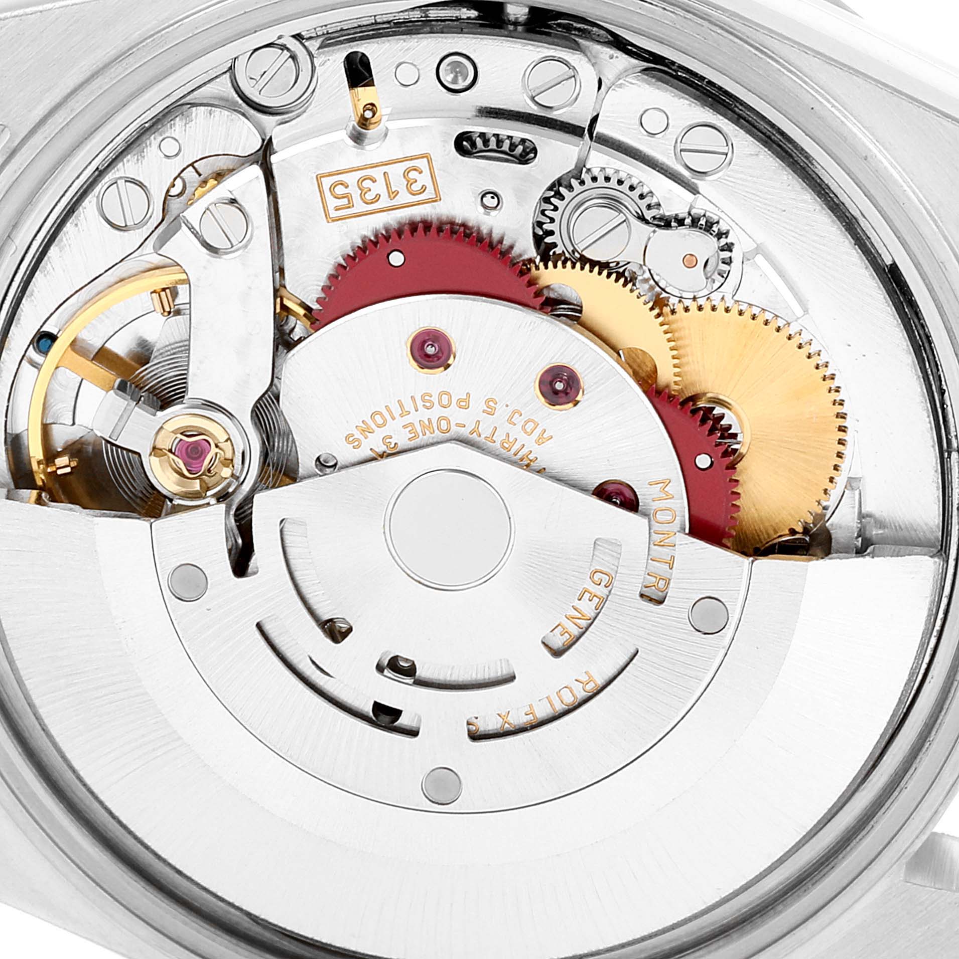 The image shows the inner mechanism and movement parts of a Rolex Date 15210 Men's Stainless Steel Pink Dial 15210 Men's Stainless Steel Pink Dial model watch from a rear angle.