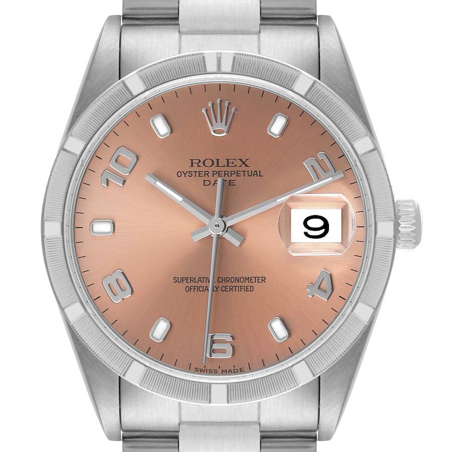 Rolex Date Salmon Dial Oyster Bracelet Steel Mens Watch 15210 SwissWatchExpo