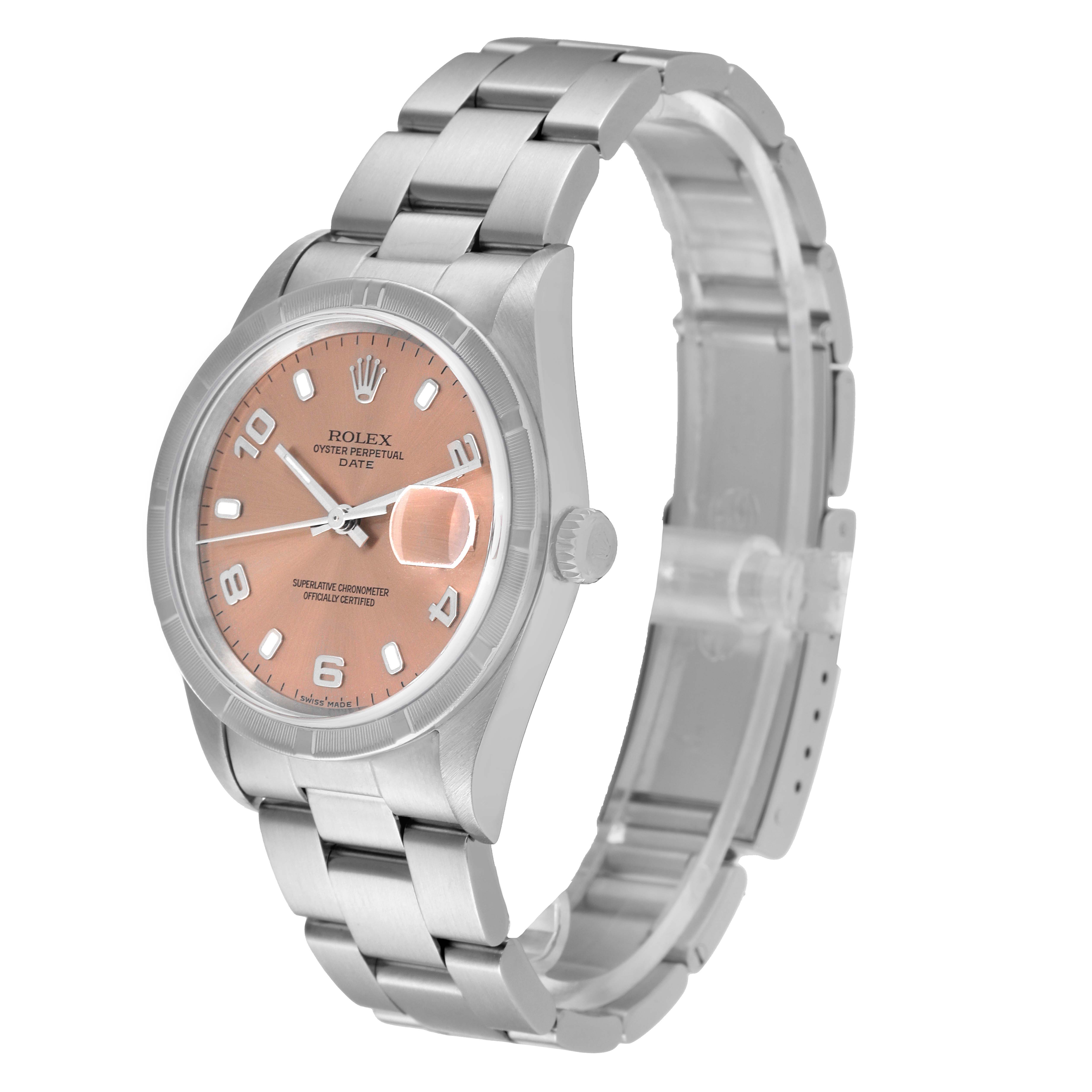 The image shows a side angle of the Rolex Date 15210 Men's Stainless Steel Pink Dial 15210 Men's Stainless Steel Pink Dial model watch highlighting the case, dial, crown, and stainless steel bracelet.