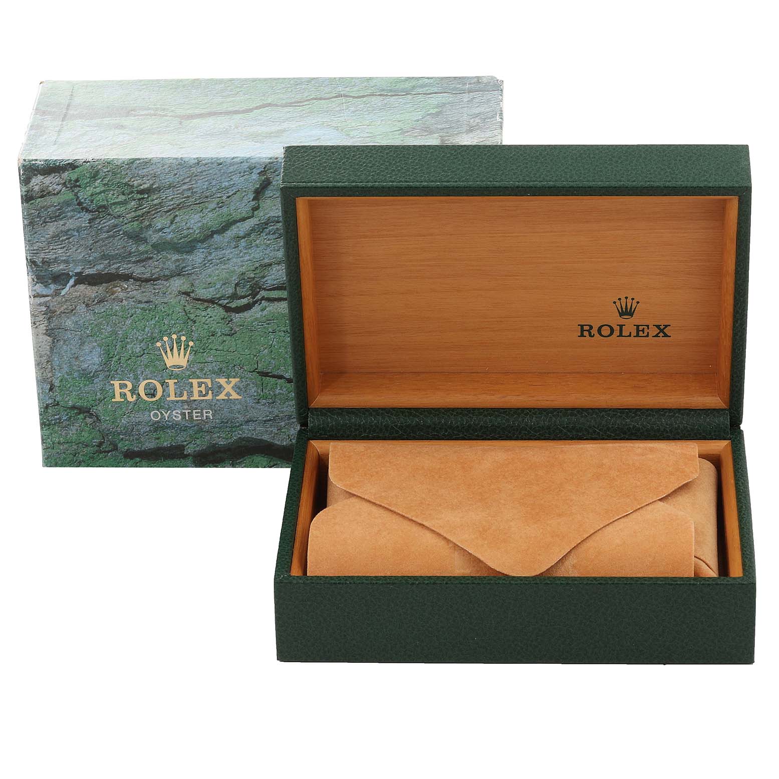 This image shows a Rolex Date 15210 Men's Stainless Steel Pink Dial 15210 Men's Stainless Steel Pink Dial model watch box and cushion, displayed from a straight-on angle with the lid open.