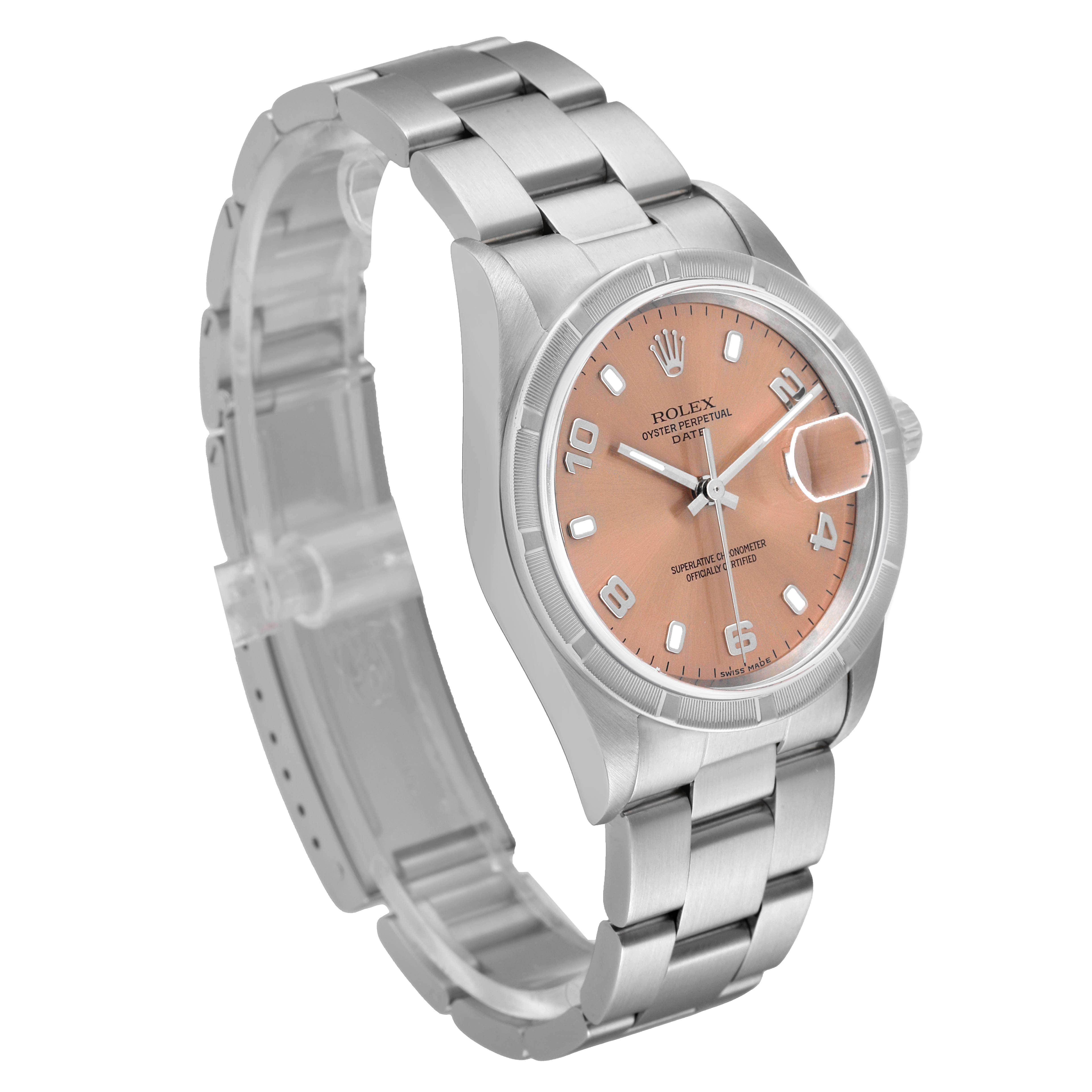 The image shows a Rolex Date 15210 Men's Stainless Steel Pink Dial 15210 Men's Stainless Steel Pink Dial model watch from a three-quarter angle, highlighting its dial, bracelet, and bezel.