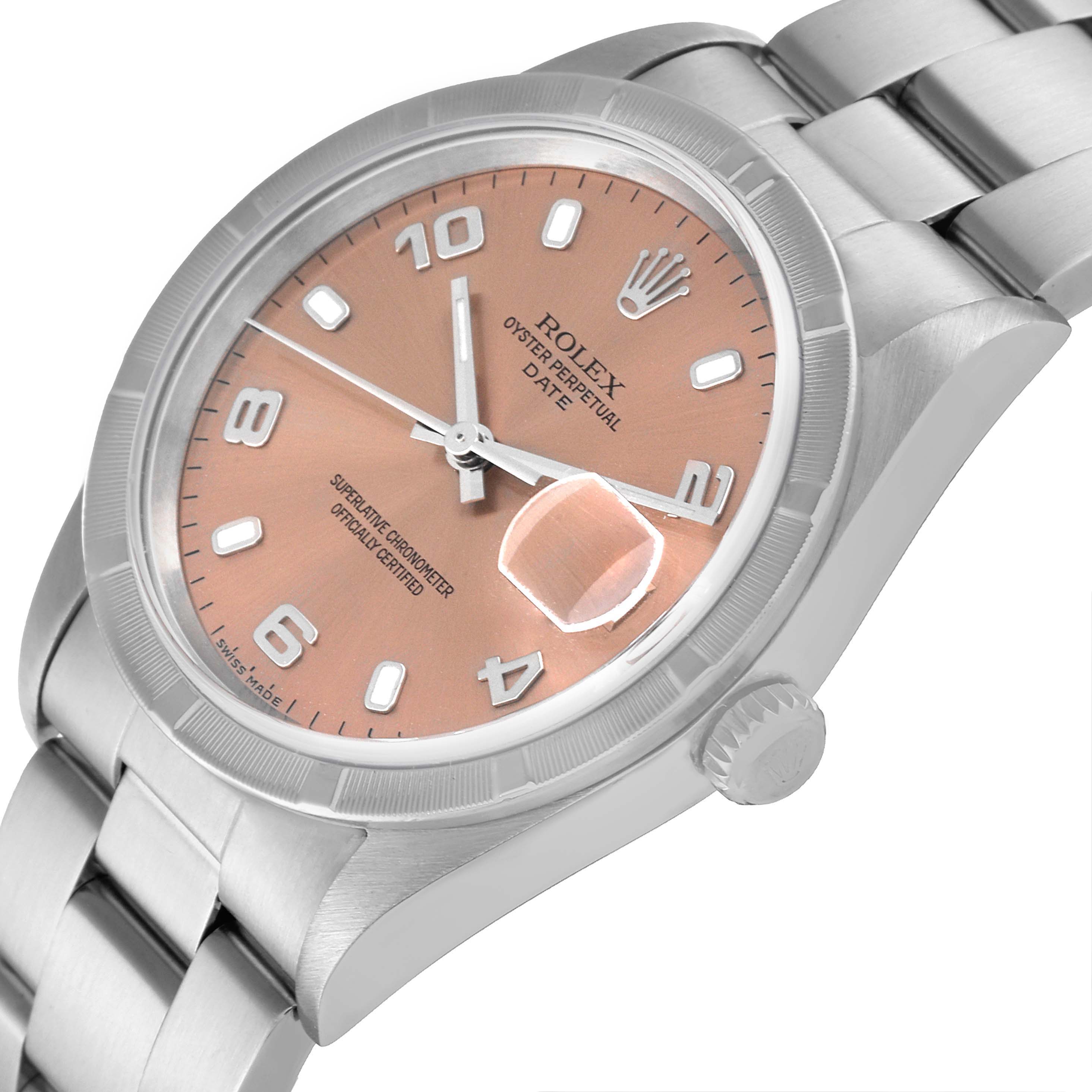 The image shows a close-up angle of the face and part of the bracelet of a Rolex Date 15210 Men's Stainless Steel Pink Dial 15210 Men's Stainless Steel Pink Dial watch.