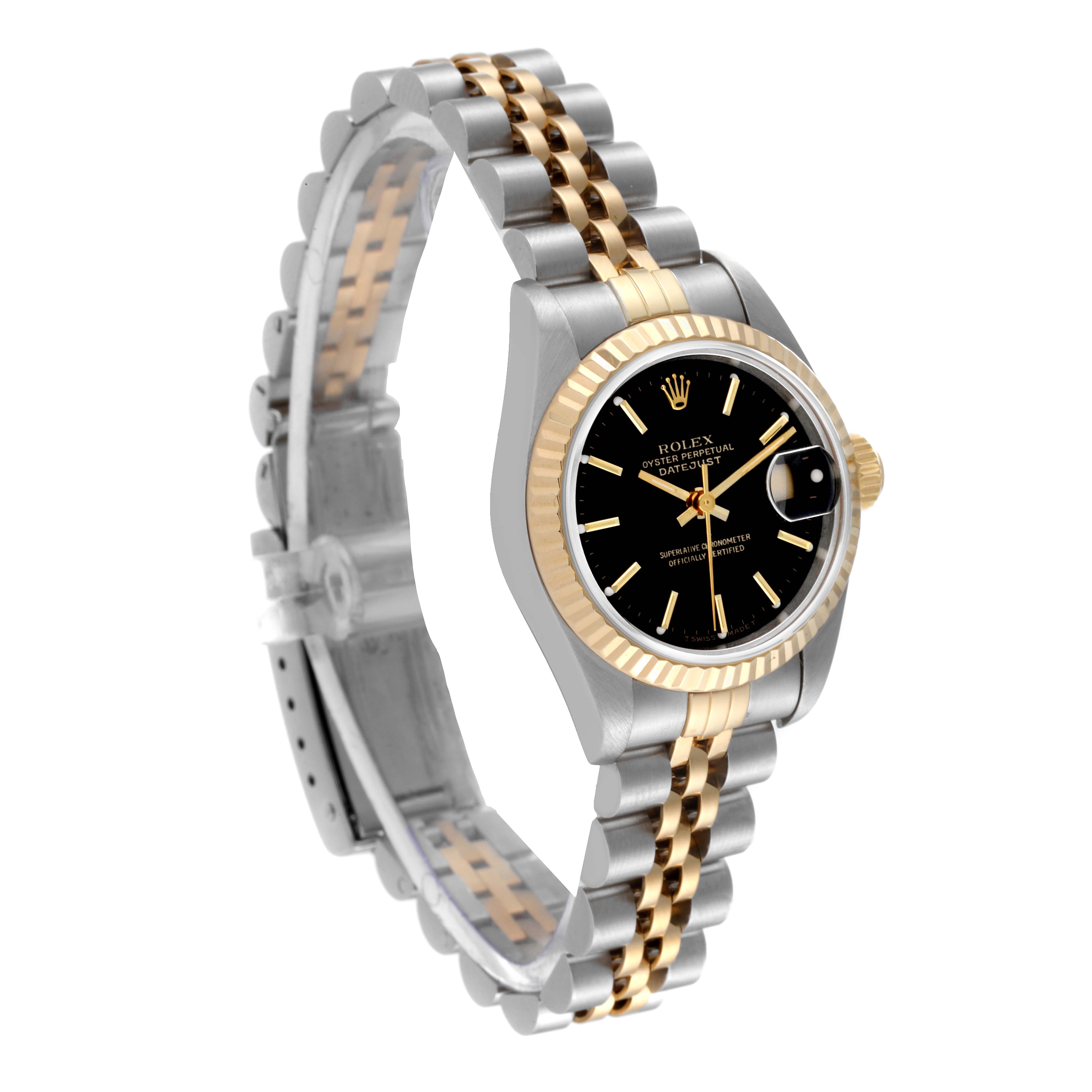 The Rolex Datejust 69173 Women's Steel and Gold (two tone) Black Dial 69173 Women's Steel and Gold (two tone) Black Dial watch is shown at a three-quarters angle, displaying the black dial, gold bezel, and two-tone bracelet.
