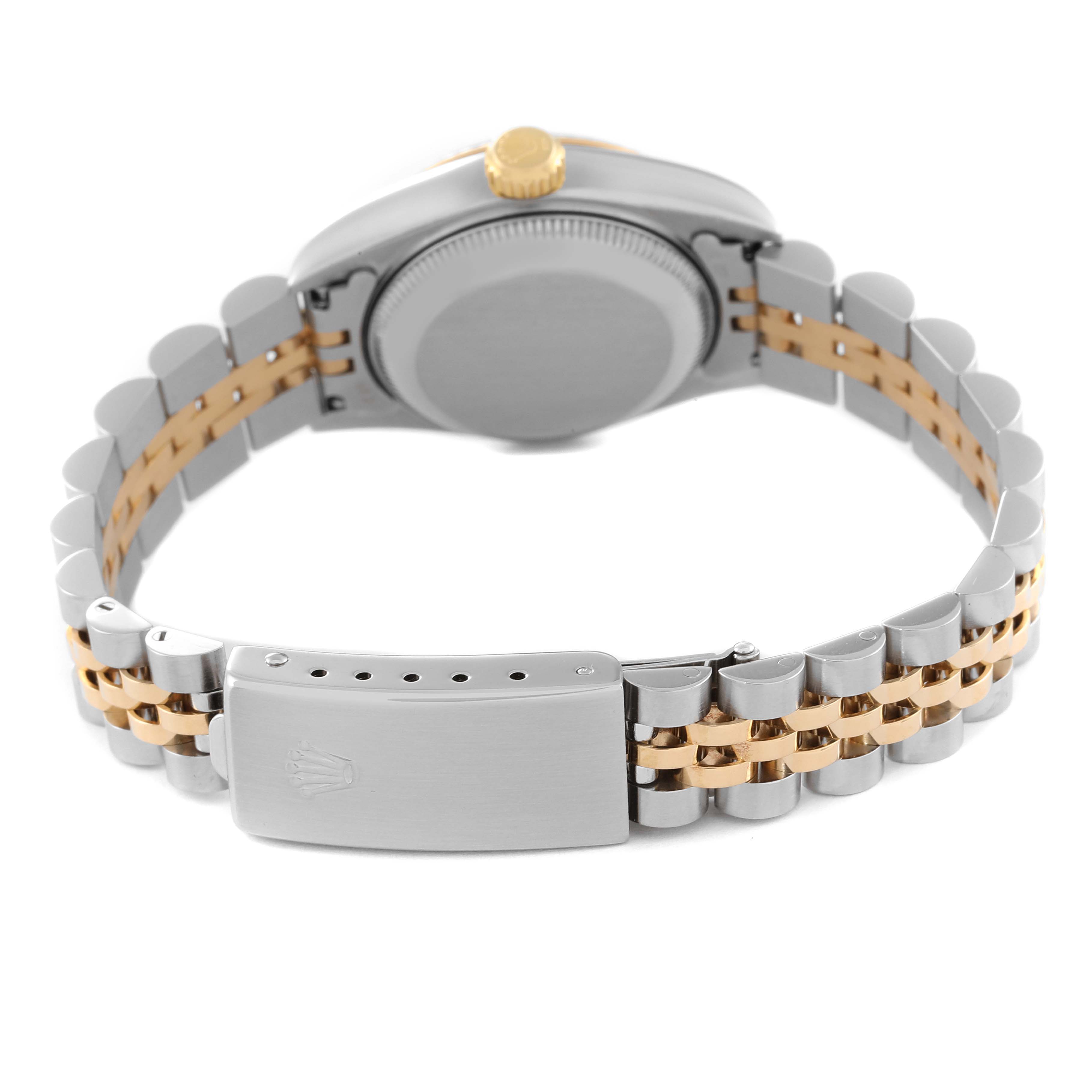 The image shows the back of a Rolex Datejust 69173 Women's Steel and Gold (two tone) Black Dial 69173 Women's Steel and Gold (two tone) Black Dial watch, highlighting its case back, crown, and two-tone bracelet with clasp.