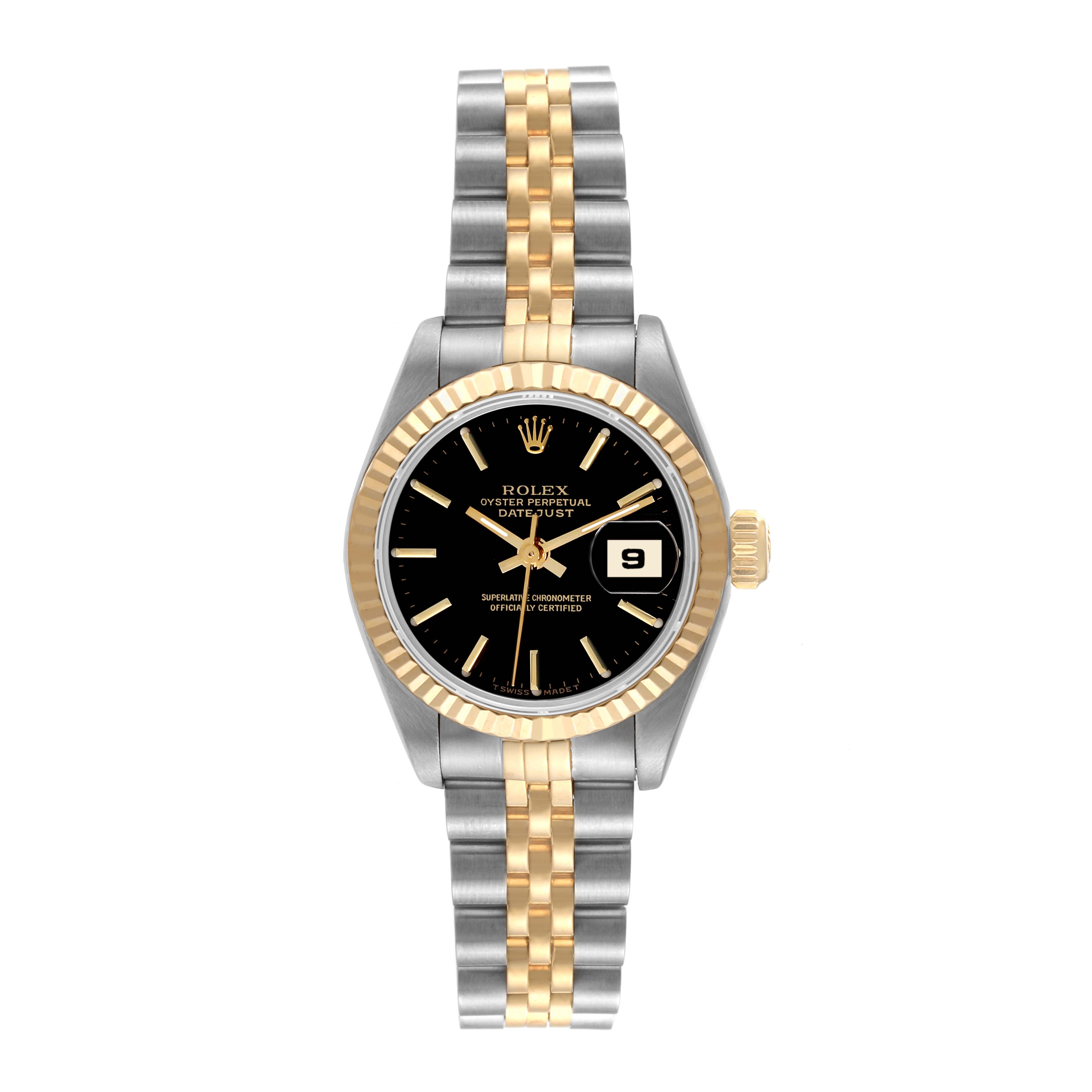This image shows a full frontal view of a Rolex Datejust 69173 Women's Steel and Gold (two tone) Black Dial 69173 Women's Steel and Gold (two tone) Black Dial watch, highlighting its two-tone bracelet and black dial with a date display.