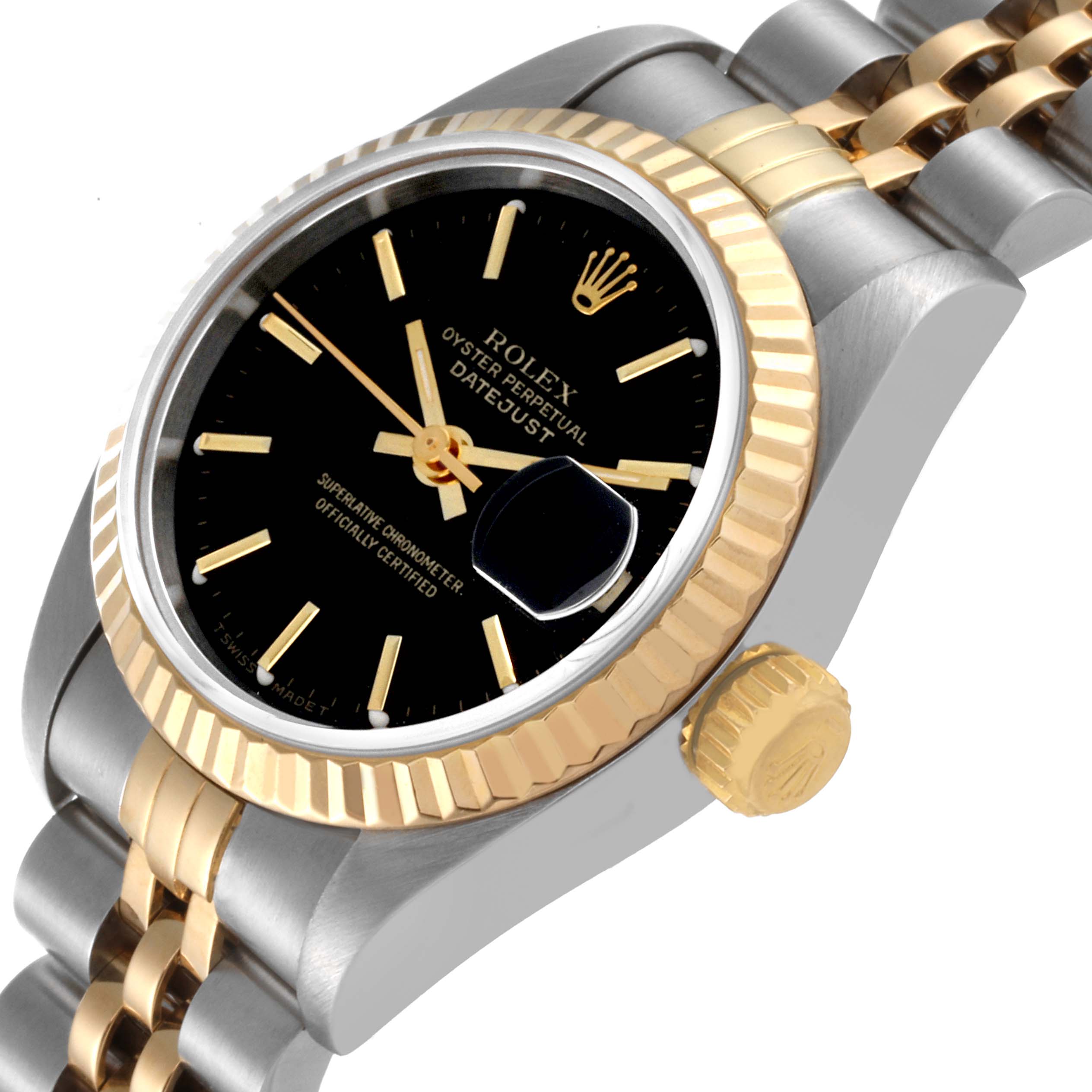 The image shows a Rolex Datejust 69173 Women's Steel and Gold (two tone) Black Dial 69173 Women's Steel and Gold (two tone) Black Dial watch from a close-up side angle, highlighting the dial, fluted bezel, crown, and jubilee bracelet.