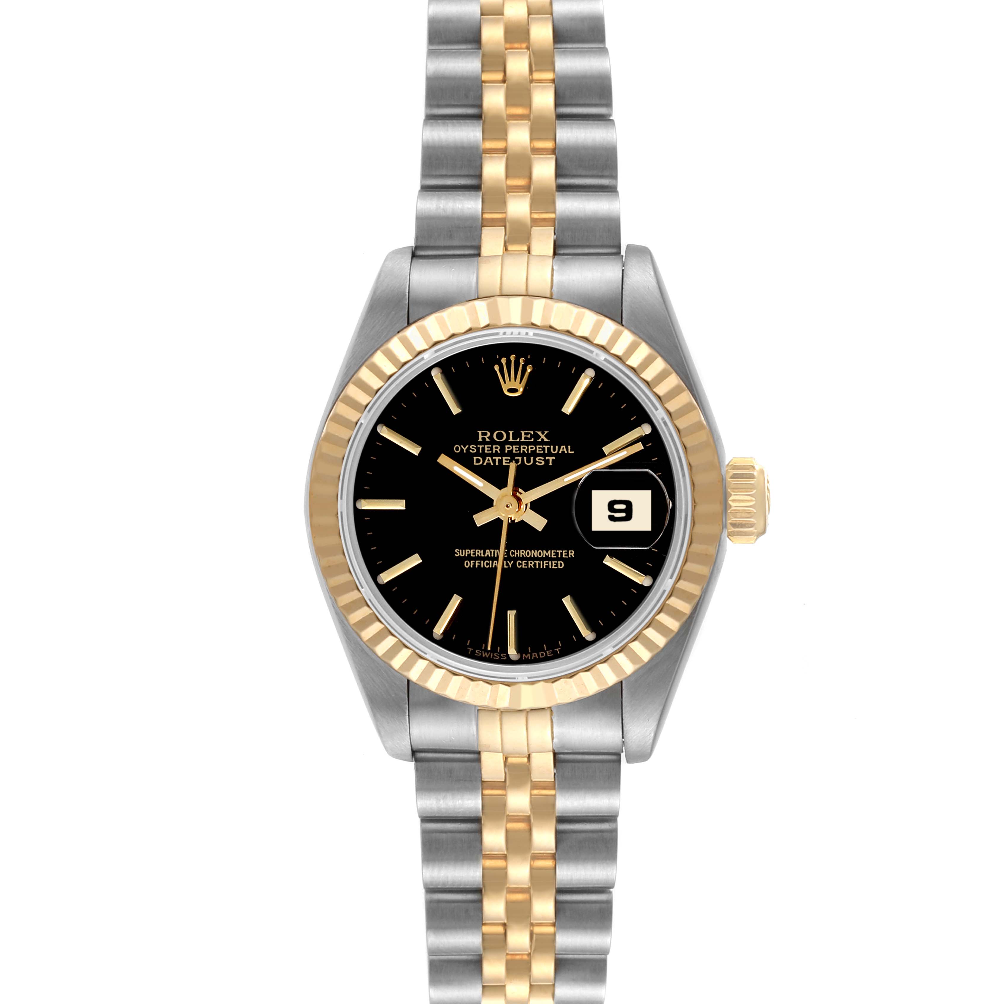 This image shows a Rolex Datejust 69173 Women's Steel and Gold (two tone) Black Dial 69173 Women's Steel and Gold (two tone) Black Dial watch at a straight-on angle, highlighting the black dial, gold bezel, and two-tone bracelet.