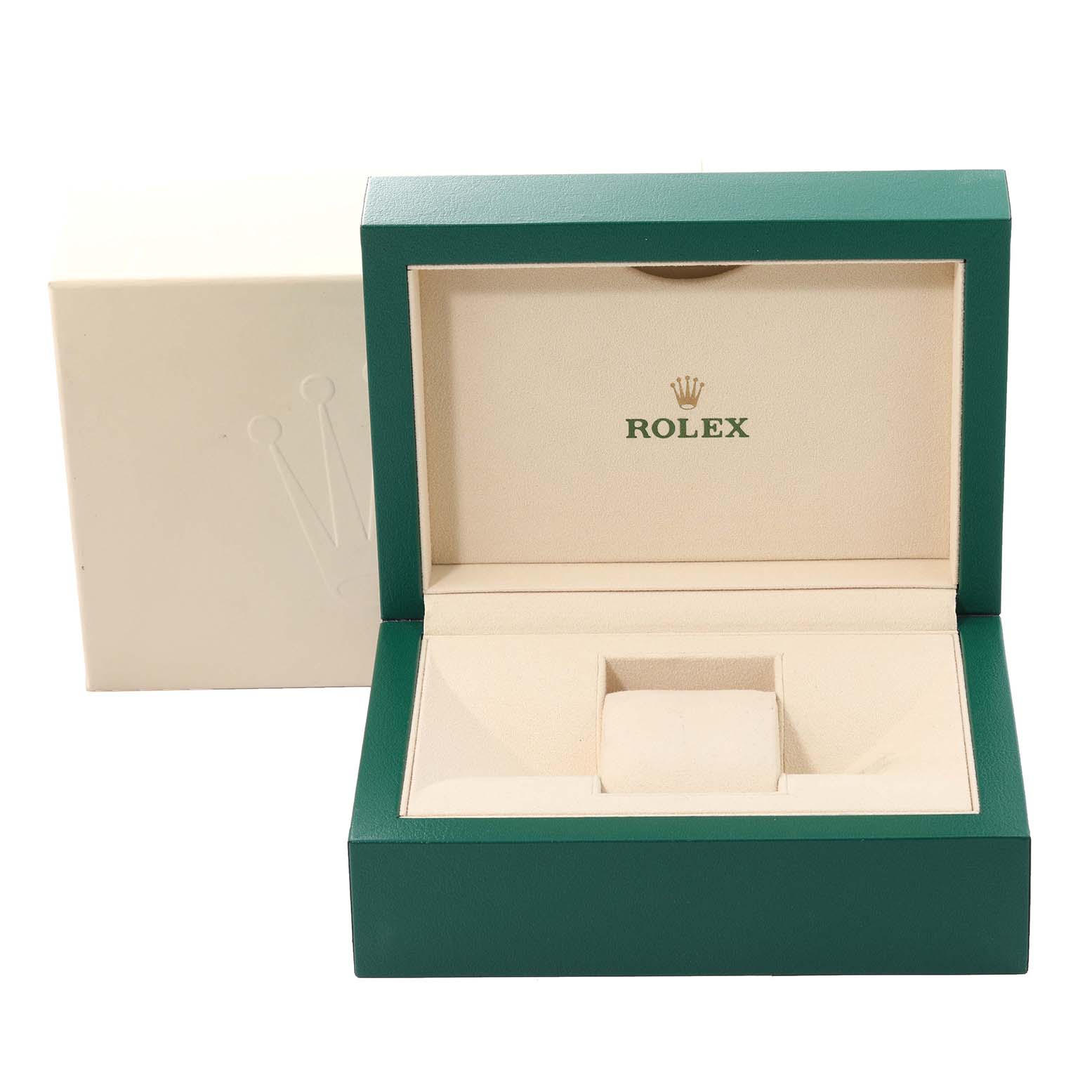 The image shows a green and beige Rolex Mid-Size 278381 Women
s Steel and Gold (two tone) Mother of Pearl Dial 278381 Women
s Steel and Gold (two tone) Mother of Pearl Dial watch box, opened to display the interior cushion for the watch.
