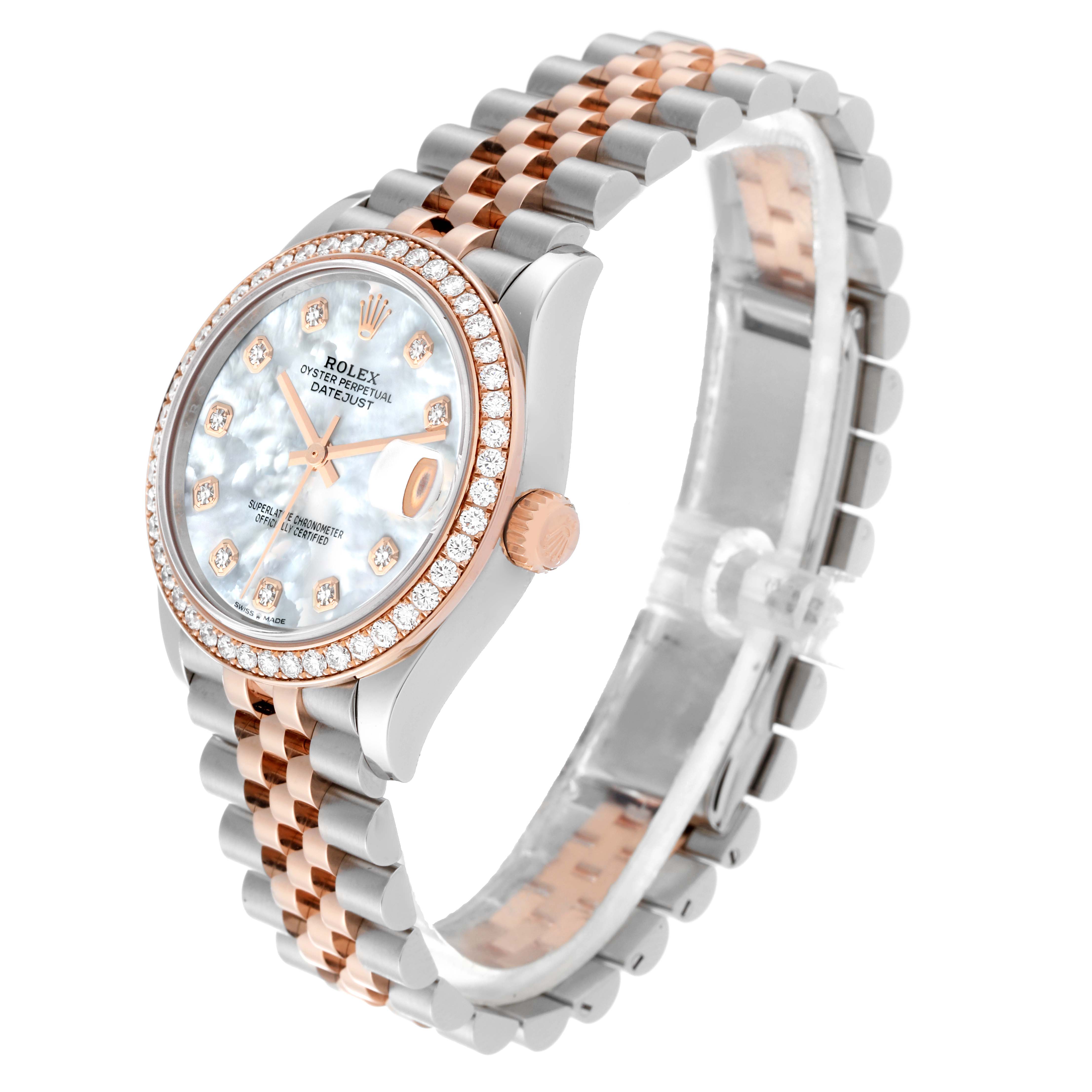 This image shows a side view of a Rolex Mid-Size 278381 Women
s Steel and Gold (two tone) Mother of Pearl Dial 278381 Women
s Steel and Gold (two tone) Mother of Pearl Dial Datejust watch, highlighting its diamond bezel and two-tone bracelet.