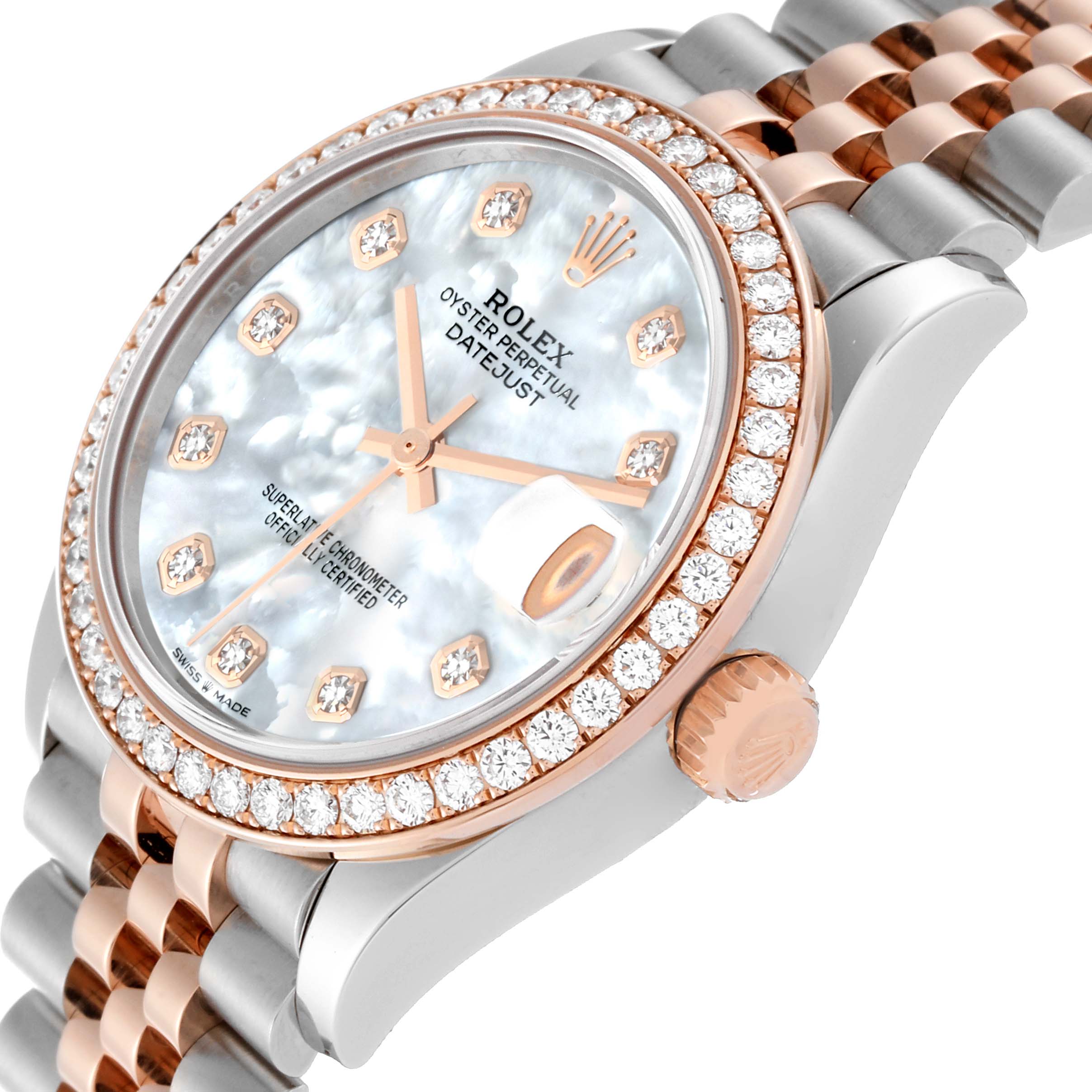 The image shows a close-up, angled view of the Rolex Mid-Size 278381 Women
s Steel and Gold (two tone) Mother of Pearl Dial 278381 Women
s Steel and Gold (two tone) Mother of Pearl Dial watch, displaying the dial, crown, and part of the bracelet.