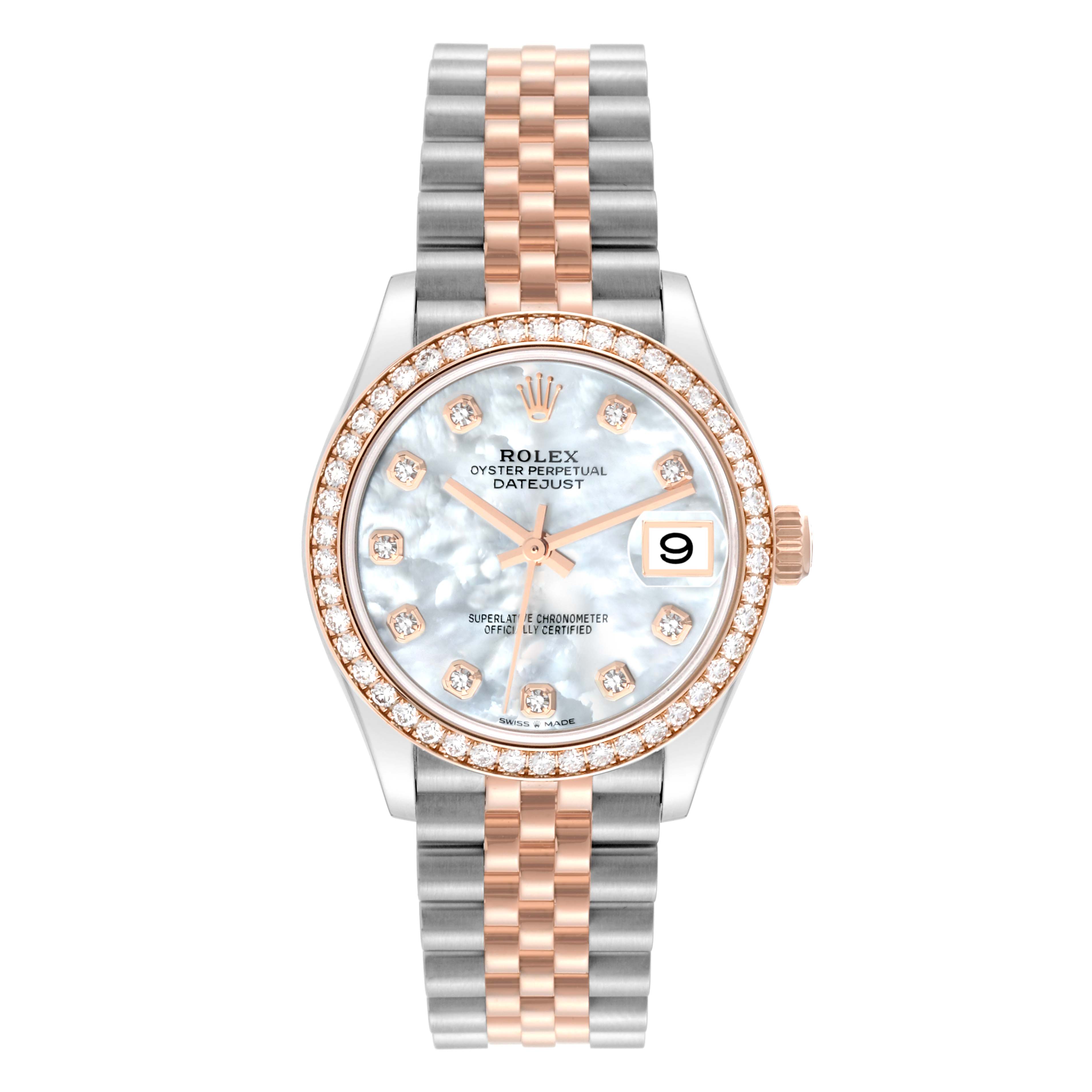 This is a front view of a Mid-Size Rolex Oyster Perpetual Datejust with a diamond bezel and a two-tone bracelet.