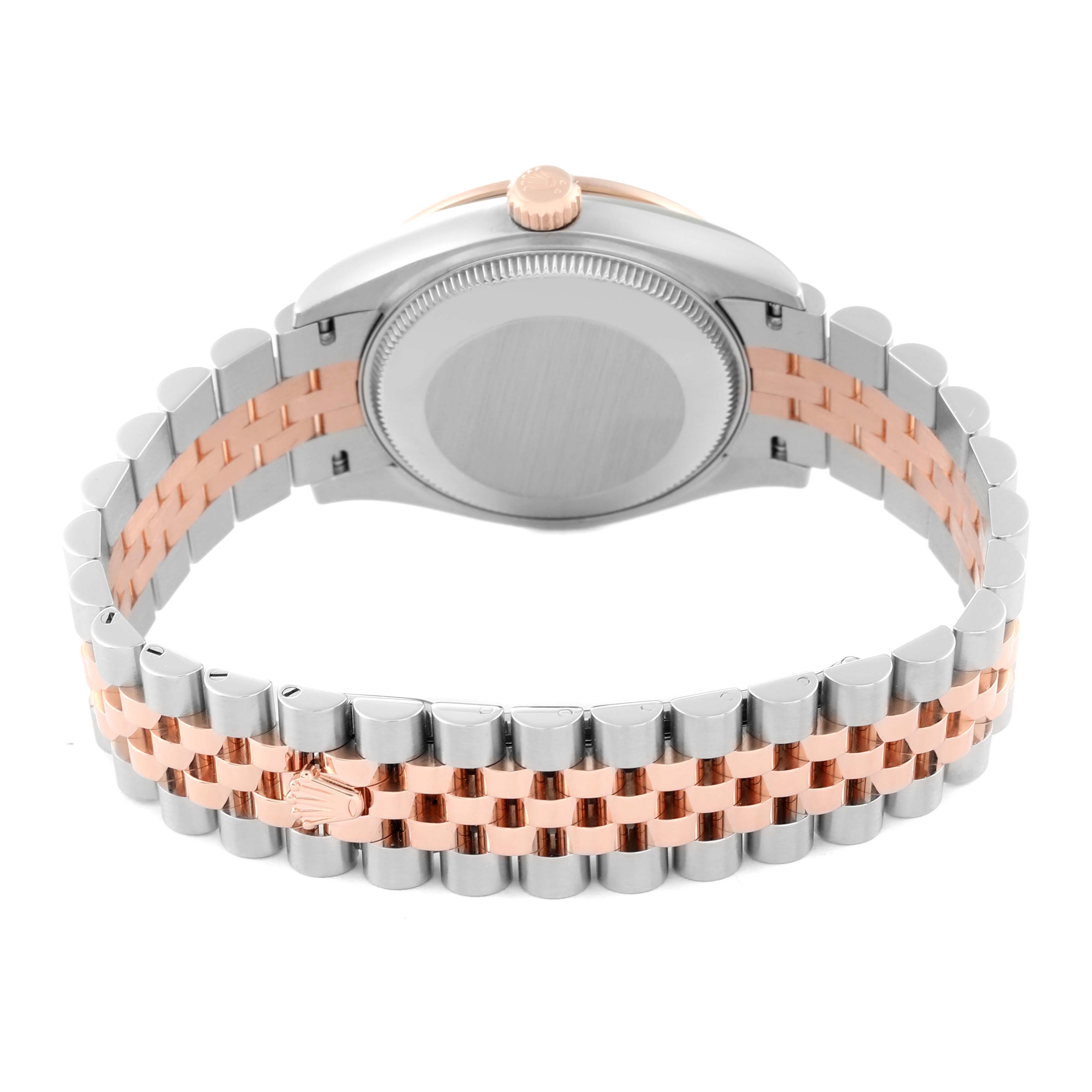 This image shows the back view of a Mid-Size Rolex watch focusing on the case back and two-tone bracelet.