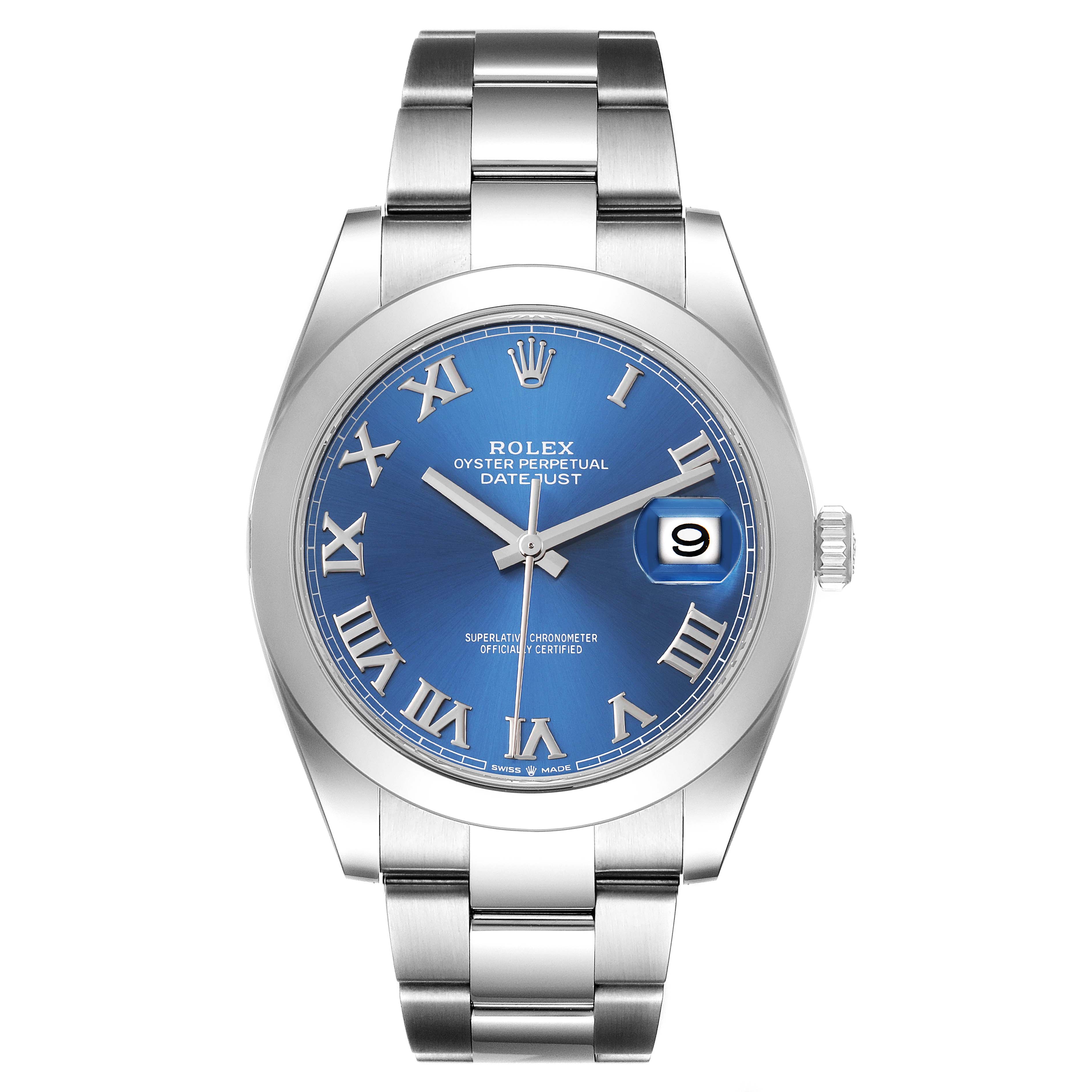 This image shows a front view of the Rolex Datejust 41 126300 Men's Stainless Steel Blue Dial 126300 Men's Stainless Steel Blue Dial watch, featuring a blue dial and silver bracelet.