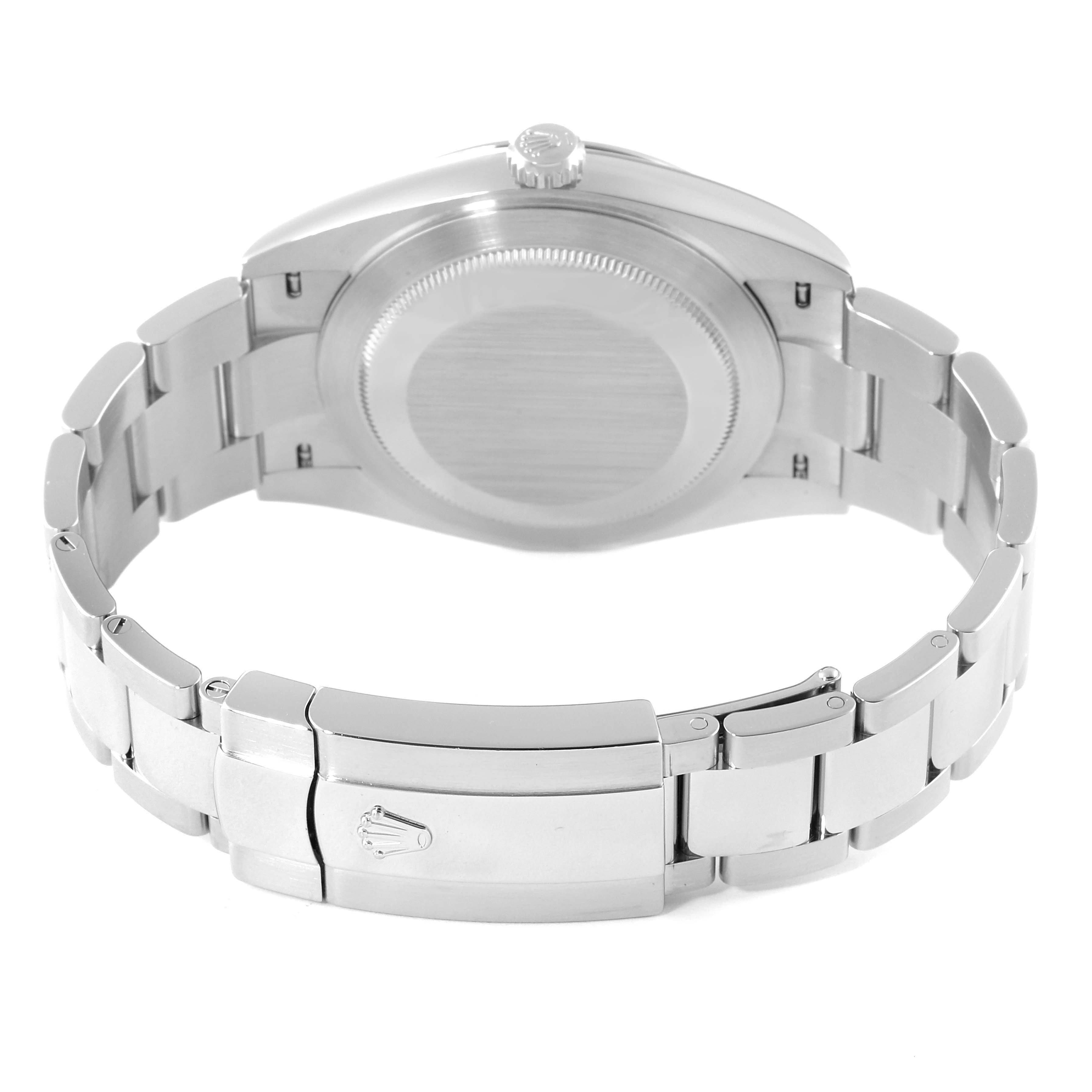 The image shows the back of the Rolex Datejust 41 126300 Men's Stainless Steel Blue Dial 126300 Men's Stainless Steel Blue Dial watch, focusing on the caseback and the Oyster bracelet with the clasp.