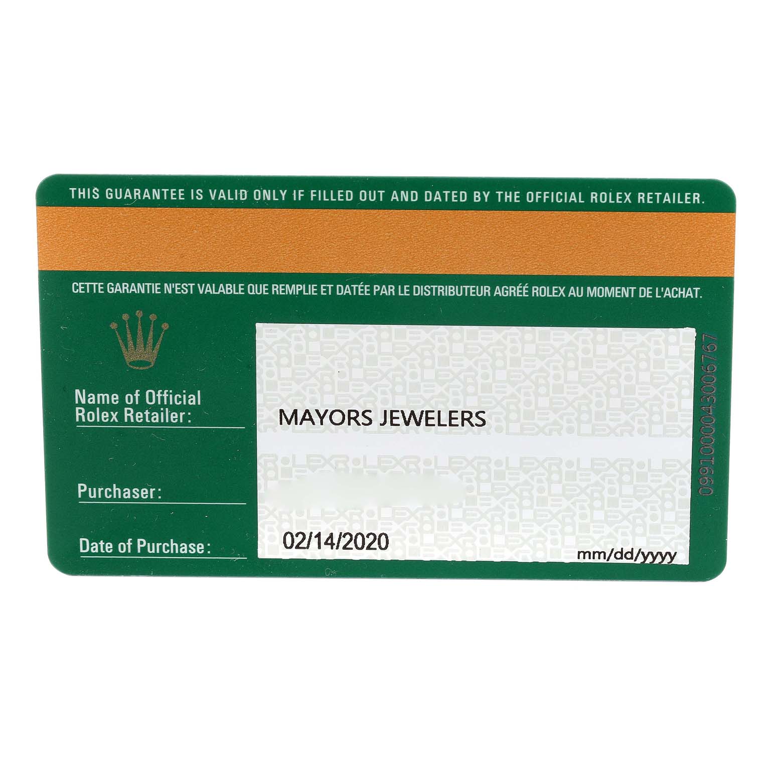 The image shows a Rolex guarantee card for the Datejust 41 model, listing the retailer and date of purchase.