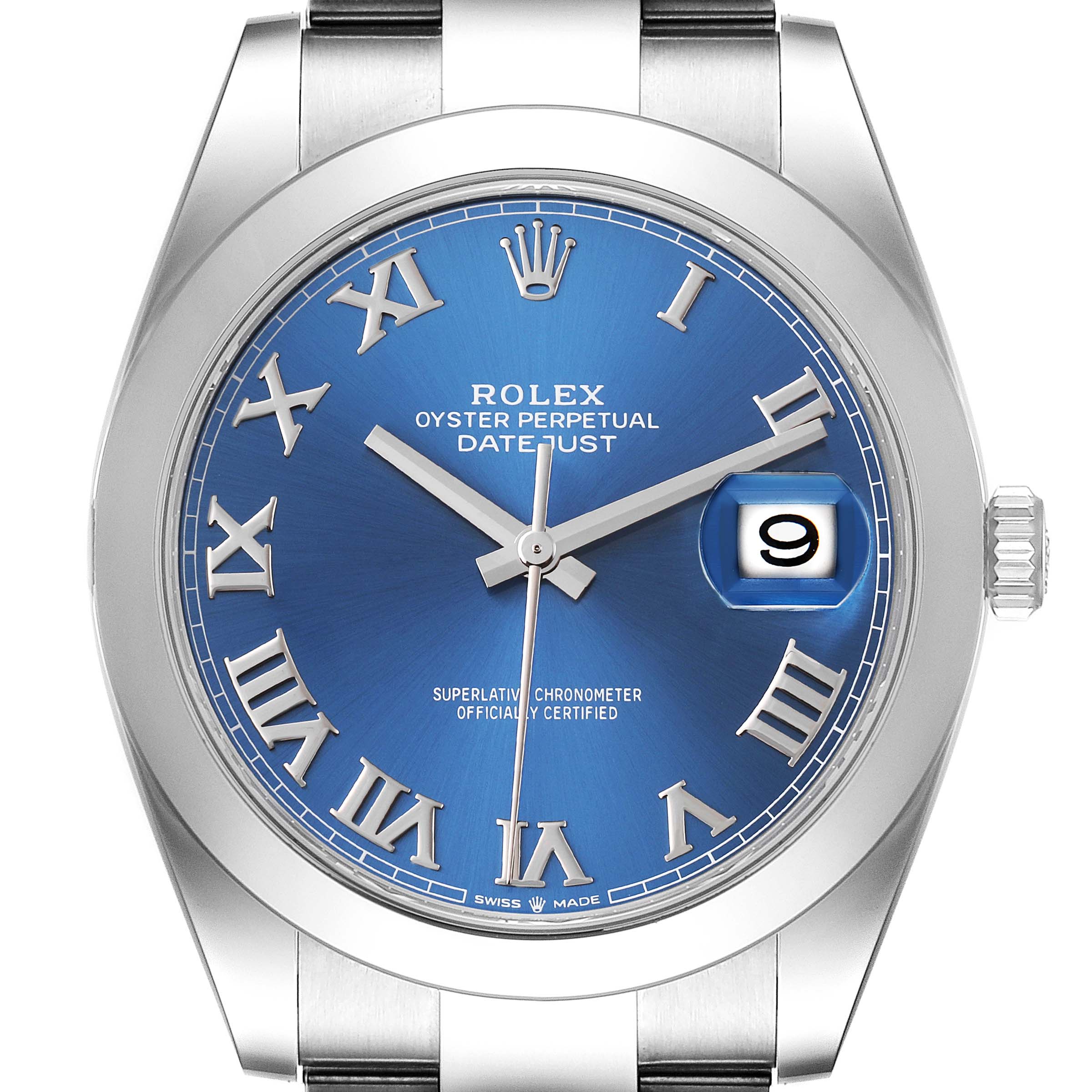 The Rolex Datejust 41 126300 Men's Stainless Steel Blue Dial 126300 Men's Stainless Steel Blue Dial watch is shown from a straight-on angle, highlighting its blue dial, Roman numerals, and date display.