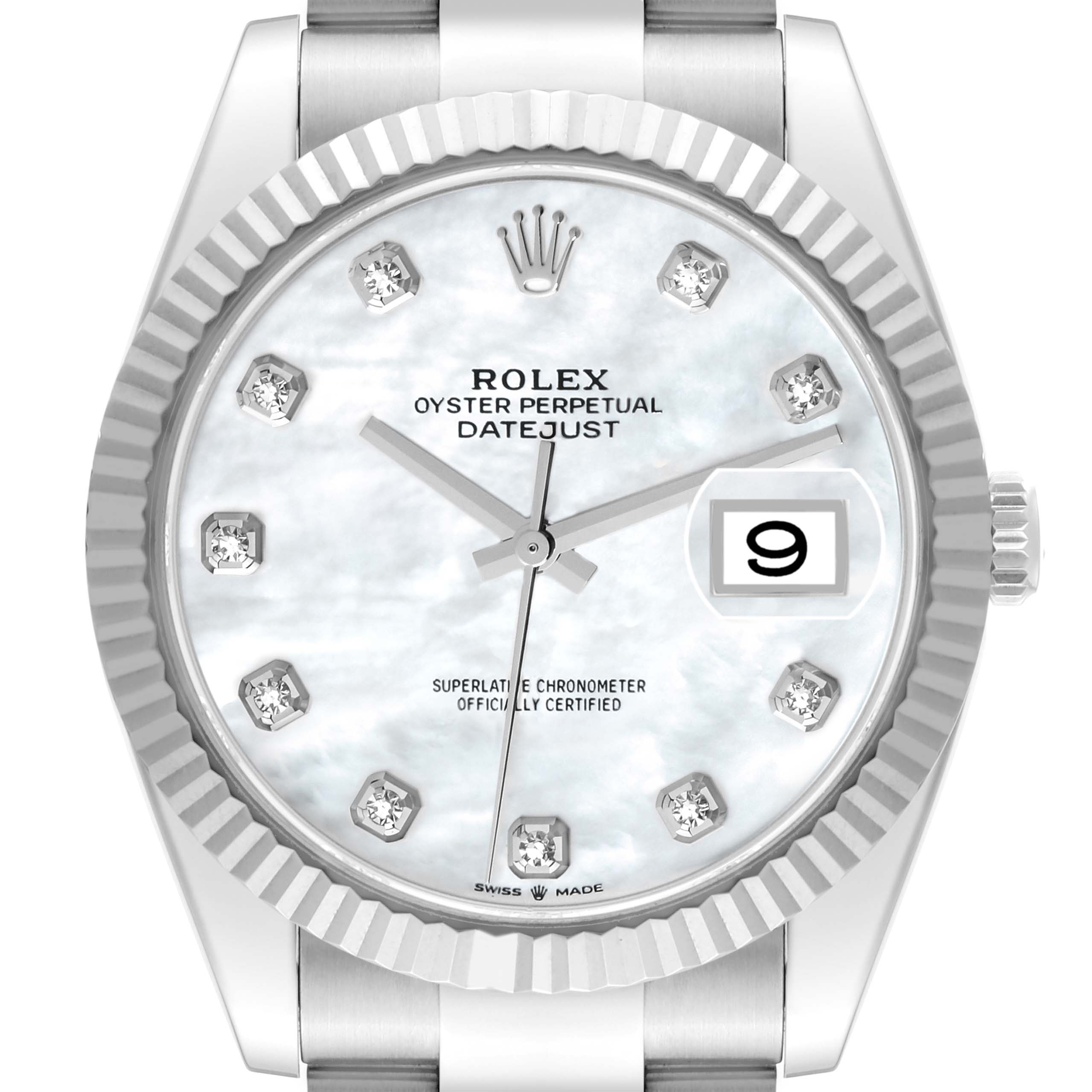 The image shows a front view of the Rolex Datejust 41 126334NG Men
s Stainless Steel Mother of Pearl Dial 126334NG Men
s Stainless Steel Mother of Pearl Dial watch, featuring its face, bezel, and part of the bracelet.