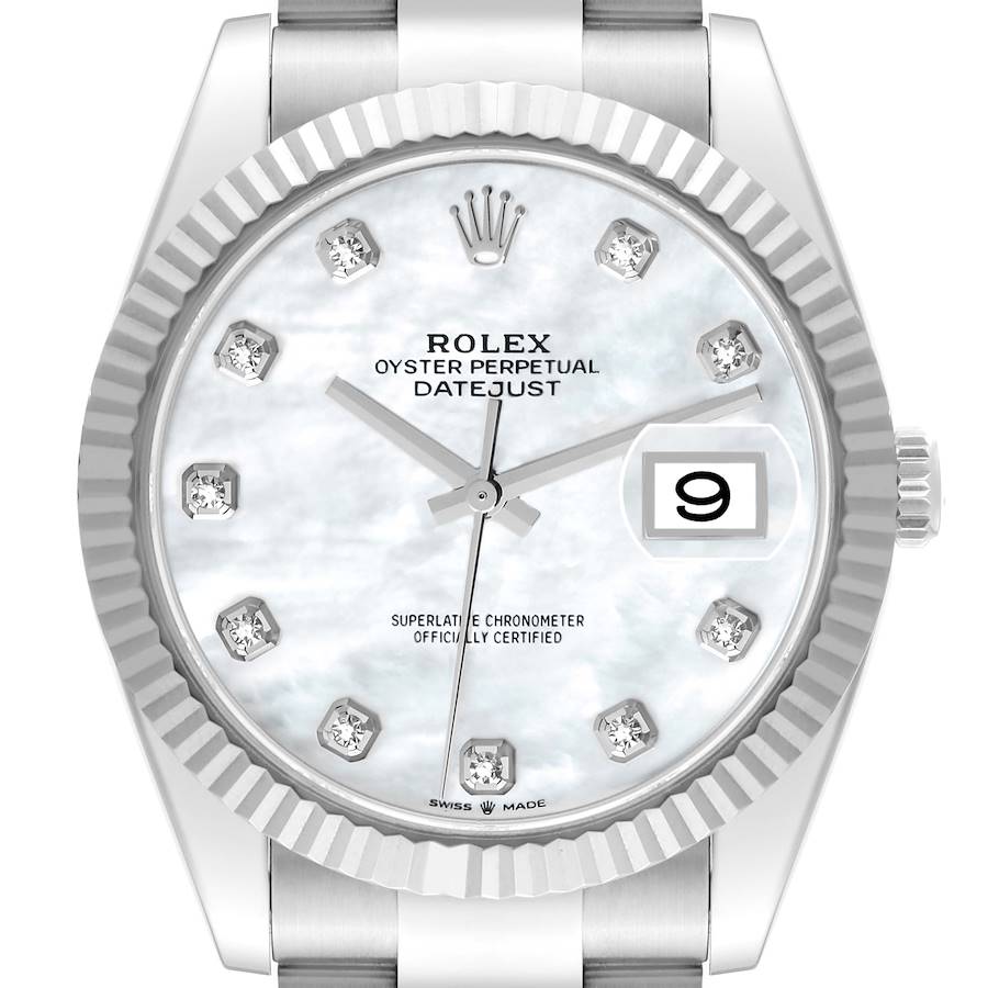 Rolex Datejust 41 Steel White Gold Mother of Pearl Diamond Dial Mens Watch 126334 Box Card SwissWatchExpo