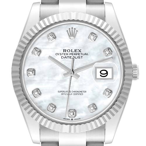 Photo of Rolex Datejust 41 Steel White Gold Mother of Pearl Diamond Dial Mens Watch 126334 Box Card