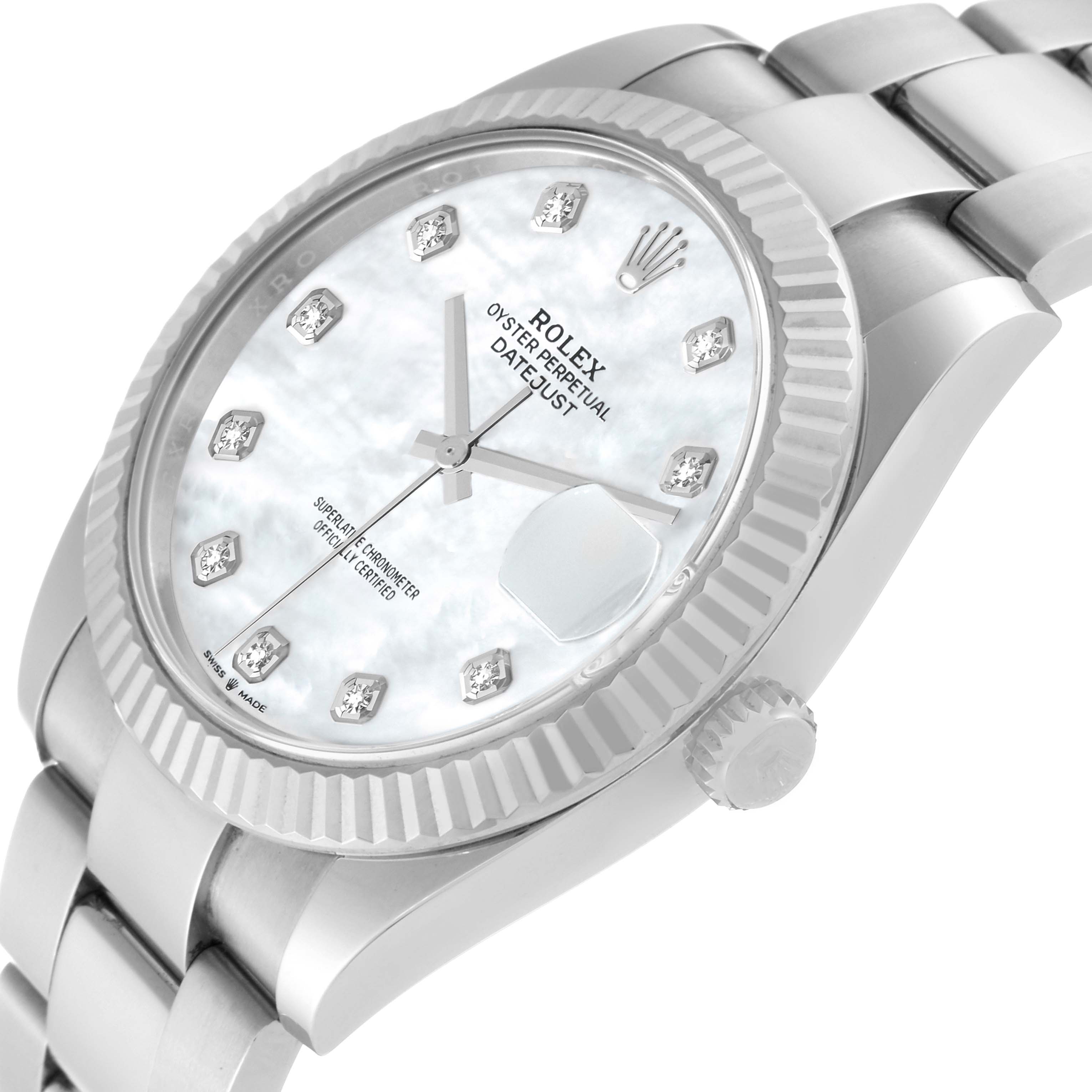 The image shows a close-up of the Rolex Datejust 41 126334NG Men
s Stainless Steel Mother of Pearl Dial 126334NG Men
s Stainless Steel Mother of Pearl Dial watch at an oblique angle, highlighting the dial, crown, and part of the bracelet.
