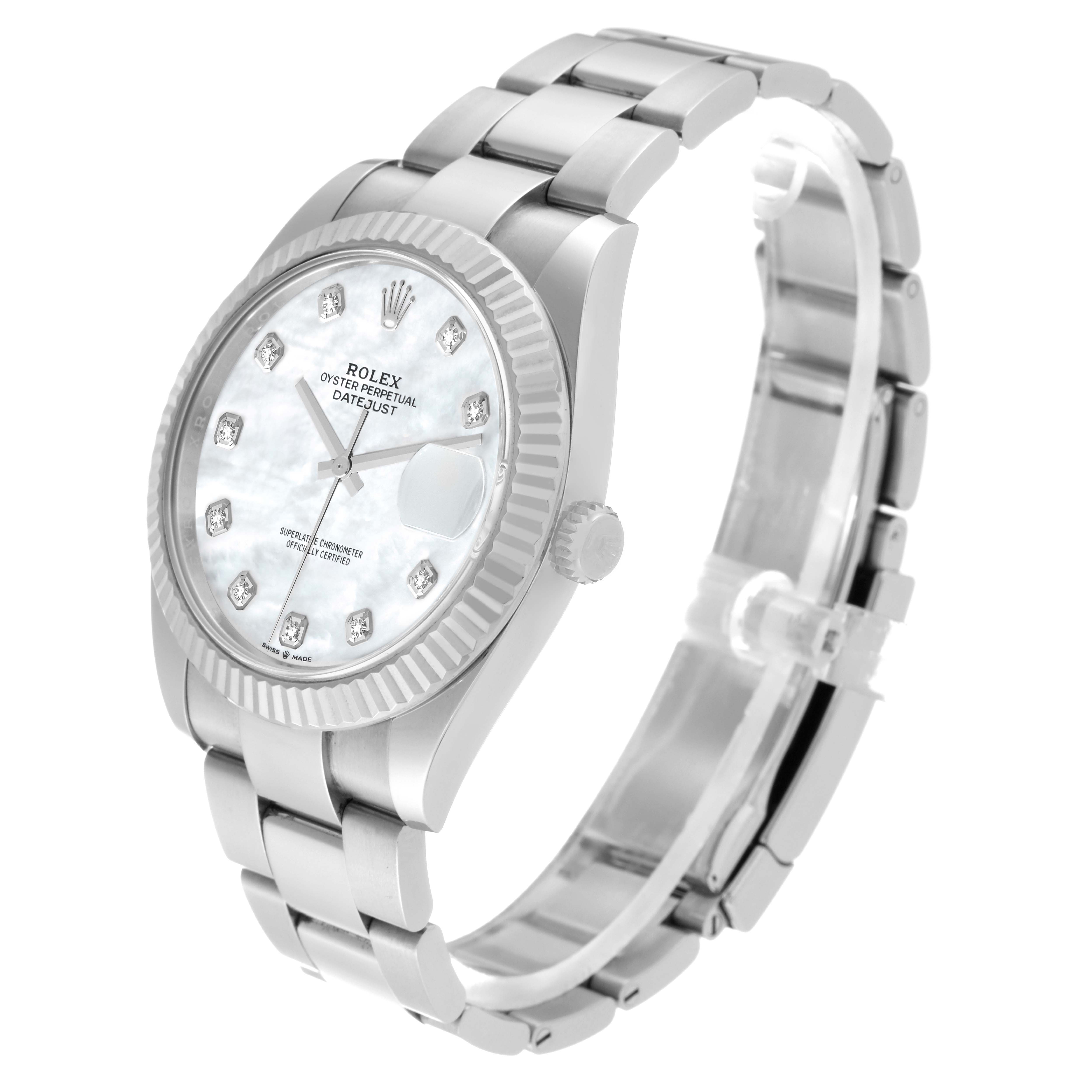 The image shows a side-angle view of the Rolex Datejust 41 126334NG Men
s Stainless Steel Mother of Pearl Dial 126334NG Men
s Stainless Steel Mother of Pearl Dial, highlighting the dial, bezel, bracelet, and crown.