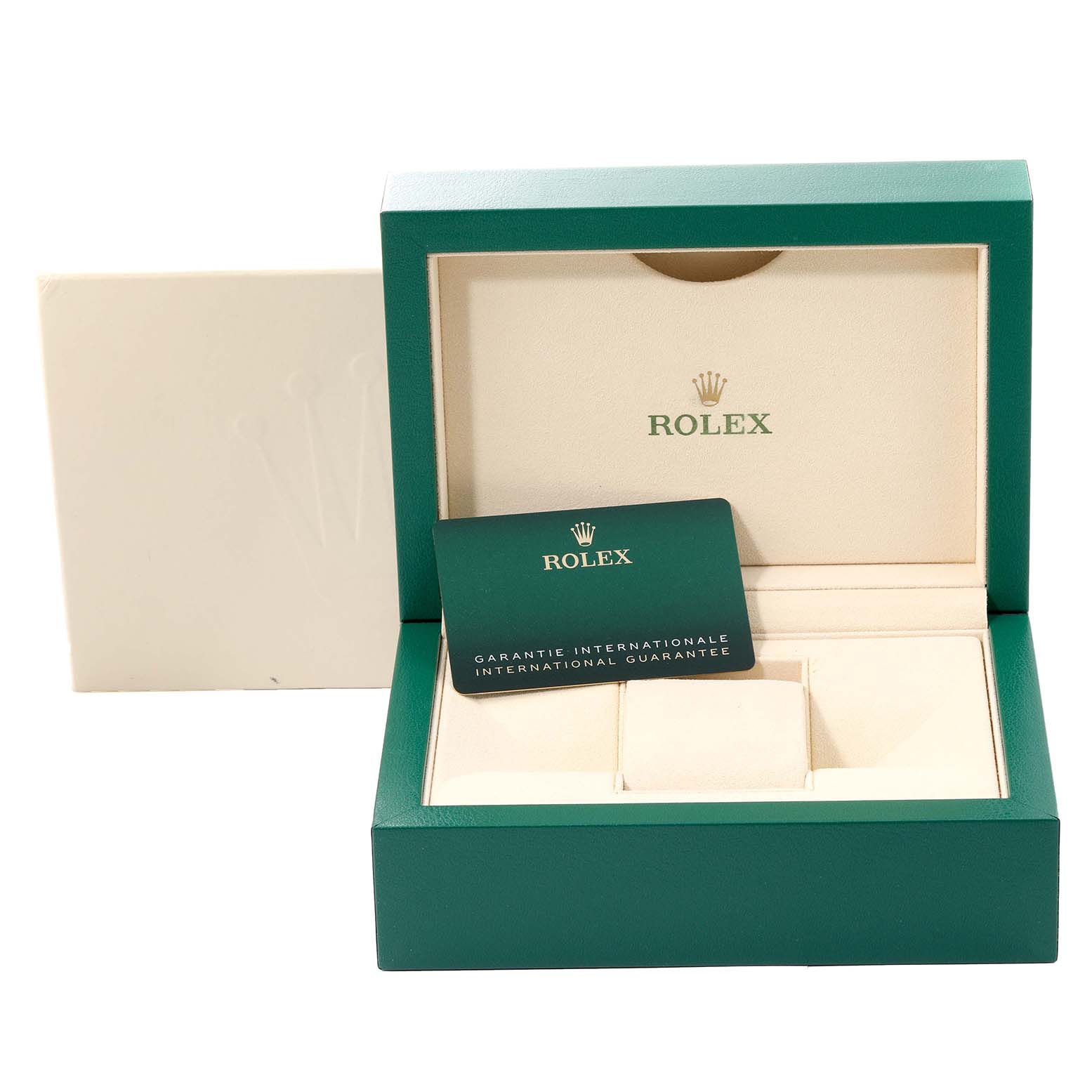 This image shows the open case and international guarantee card for a Rolex Datejust 41 126334NG Men
s Stainless Steel Mother of Pearl Dial 126334NG Men
s Stainless Steel Mother of Pearl Dial model watch.
