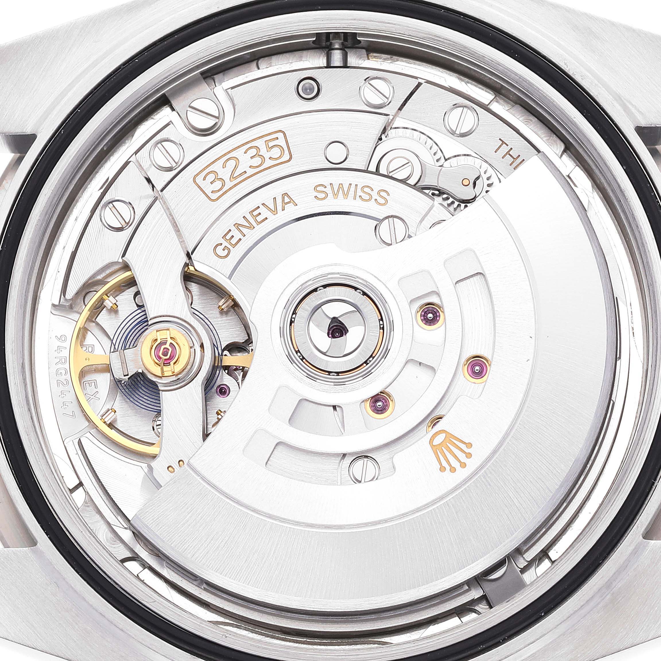 This is a close-up view of the internal mechanism of the Rolex Datejust 41 126334 Men's Stainless Steel Silver Dial 126334 Men's Stainless Steel Silver Dial model showing its movement components.
