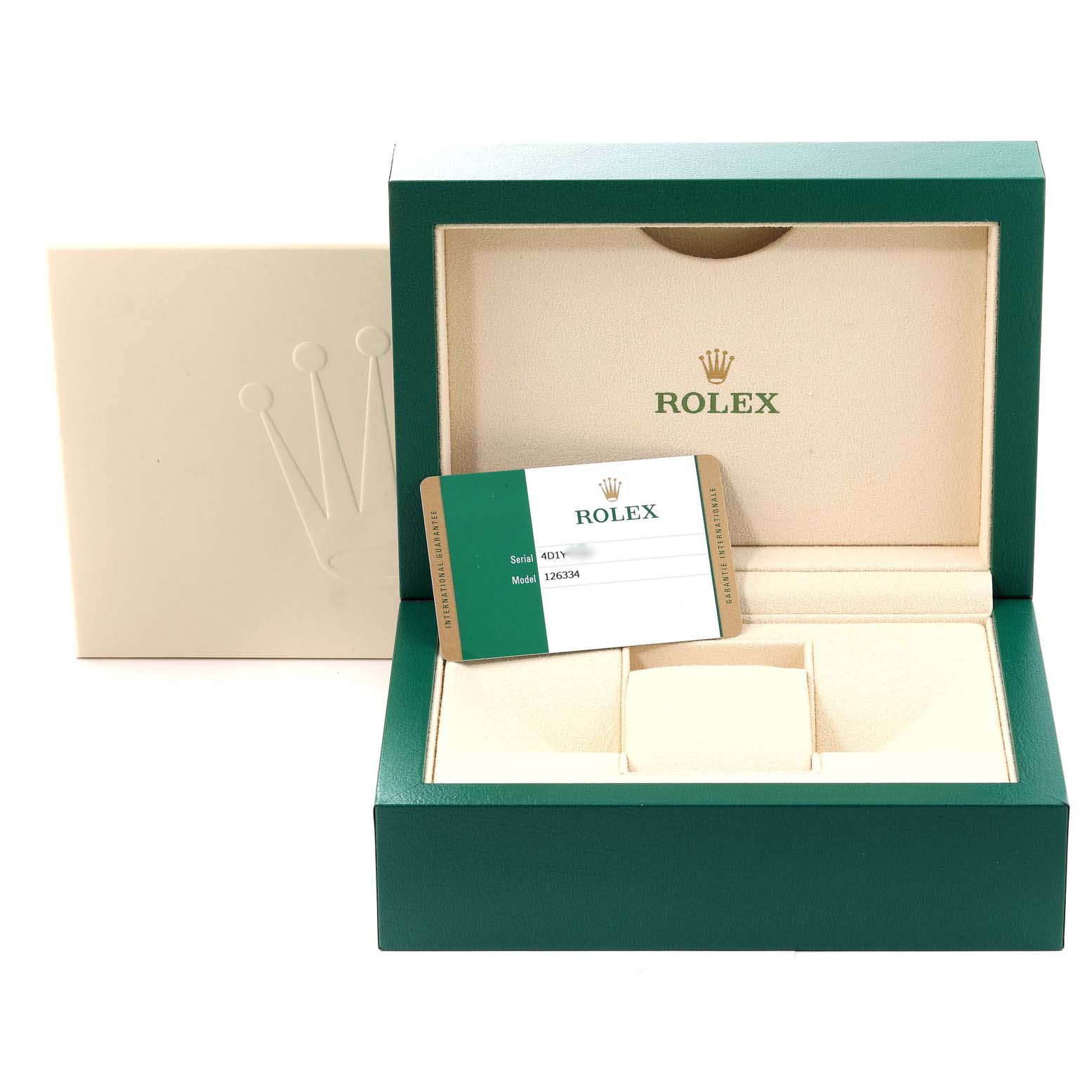 The image shows the packaging box and warranty card of a Rolex Datejust 41 126334 Men's Stainless Steel Silver Dial 126334 Men's Stainless Steel Silver Dial model.