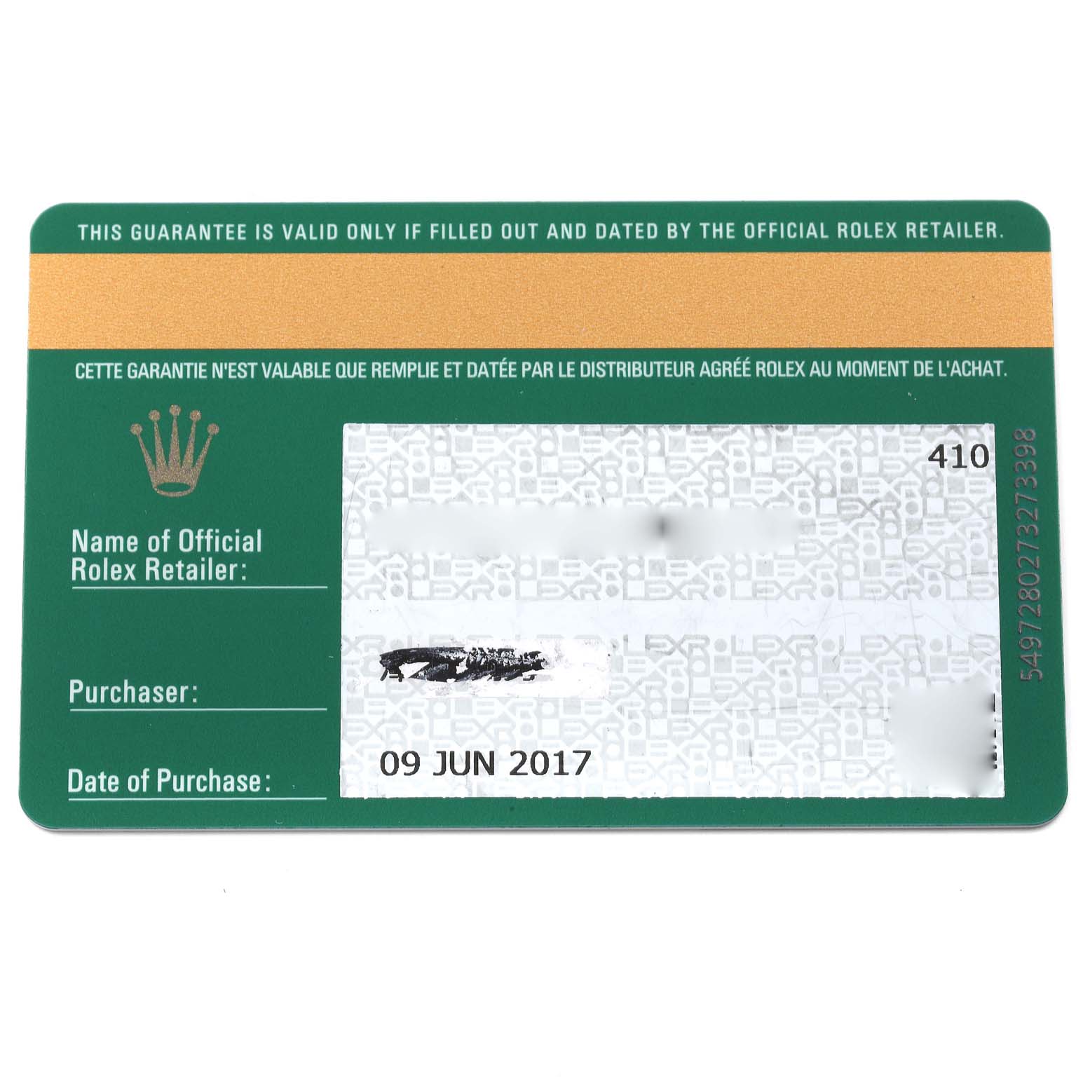 The image shows the guarantee card for a Rolex Datejust 41 126334 Men's Stainless Steel Silver Dial 126334 Men's Stainless Steel Silver Dial watch, displaying details like the retailer information and date of purchase.