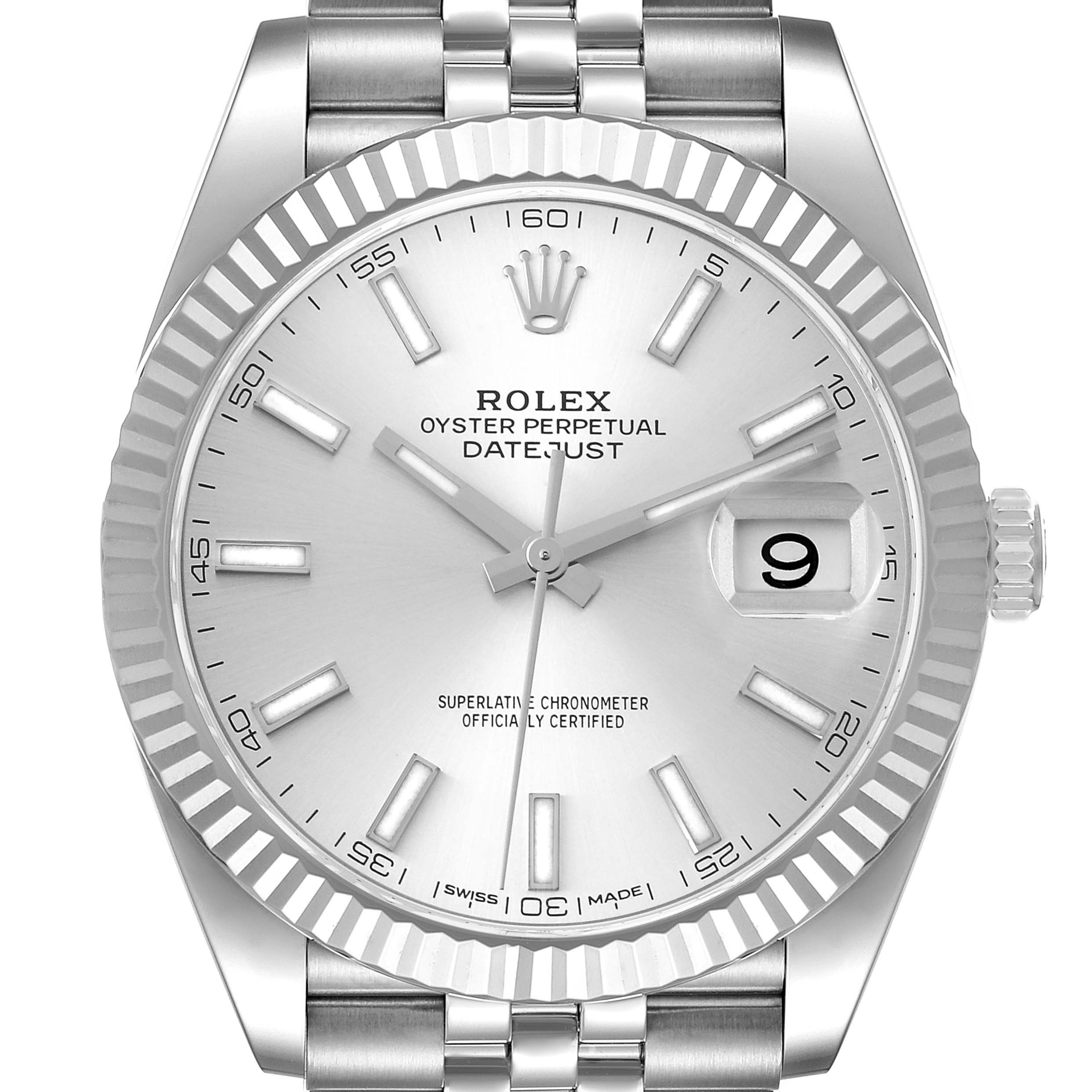 This image shows a front view of a Rolex Datejust 41 126334 Men's Stainless Steel Silver Dial 126334 Men's Stainless Steel Silver Dial watch, displaying the dial, fluted bezel, and part of the bracelet.