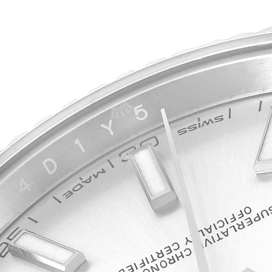 The image shows a close-up of the dial and bezel detail on a Rolex Datejust 41 126334 Men's Stainless Steel Silver Dial 126334 Men's Stainless Steel Silver Dial watch, highlighting the hour markers and text.