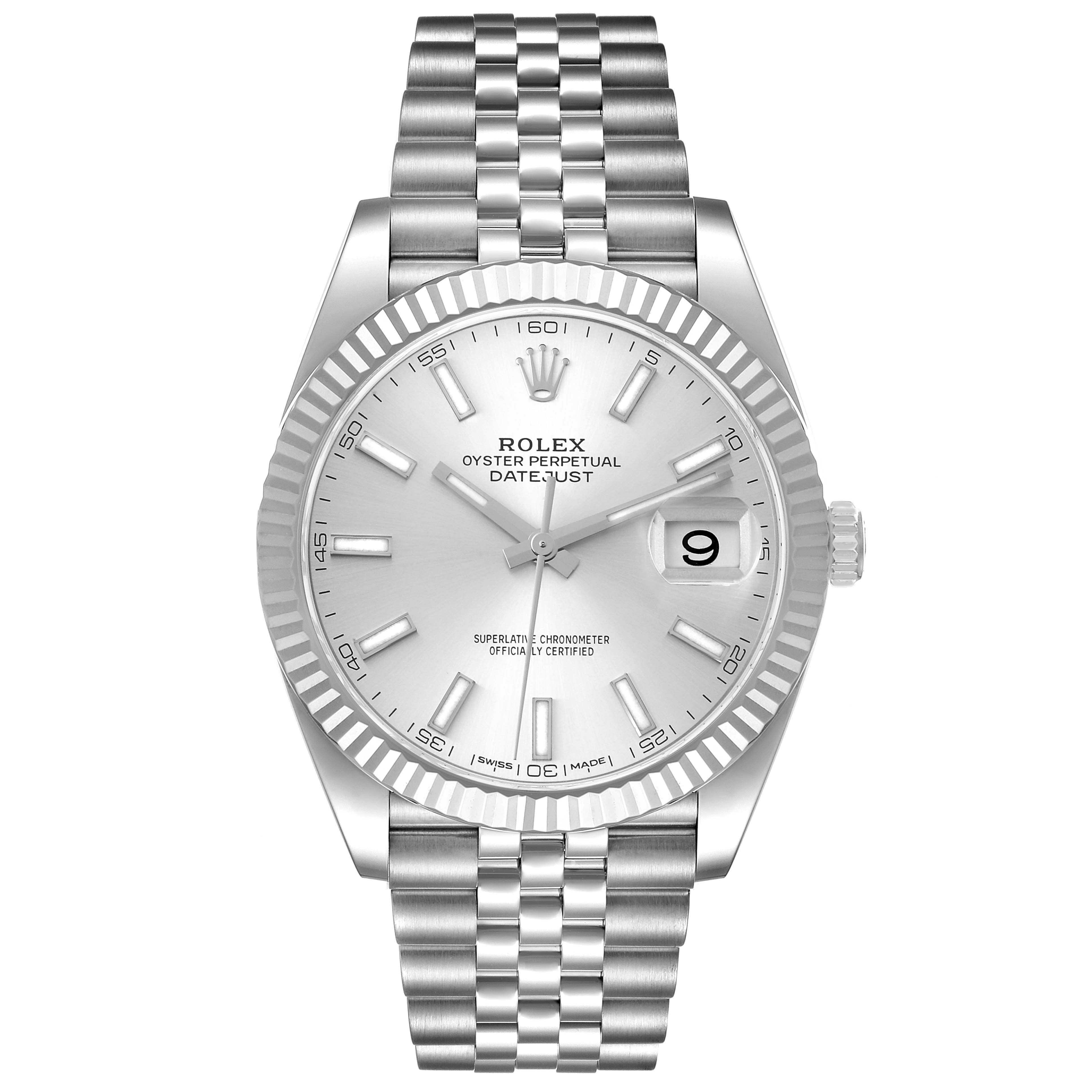 The image shows a front view of a Rolex Datejust 41 126334 Men's Stainless Steel Silver Dial 126334 Men's Stainless Steel Silver Dial watch, highlighting its face, bezel, and bracelet.