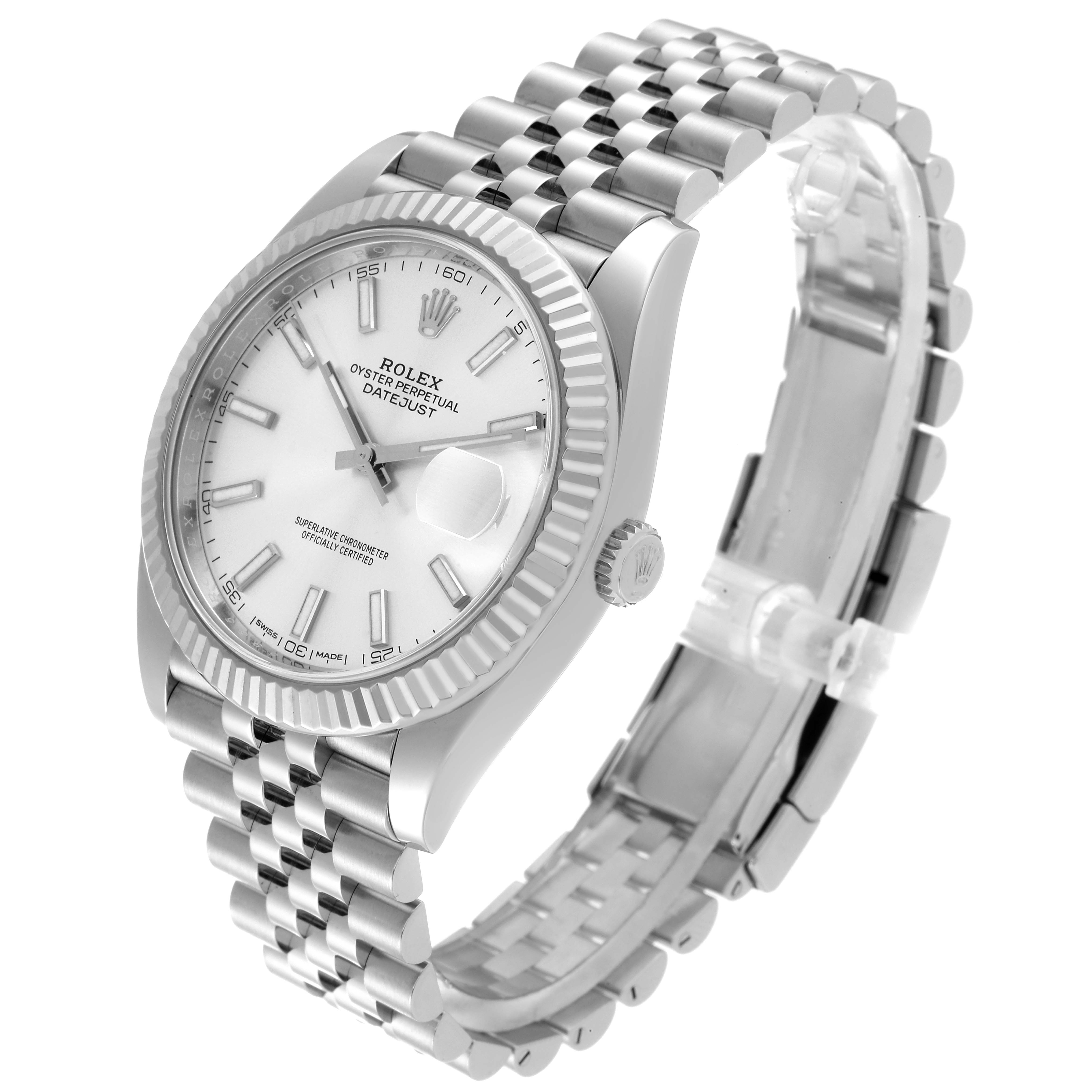 The image shows a Rolex Datejust 41 126334 Men's Stainless Steel Silver Dial 126334 Men's Stainless Steel Silver Dial watch at a three-quarter angle, featuring the face, bezel, crown, and bracelet.