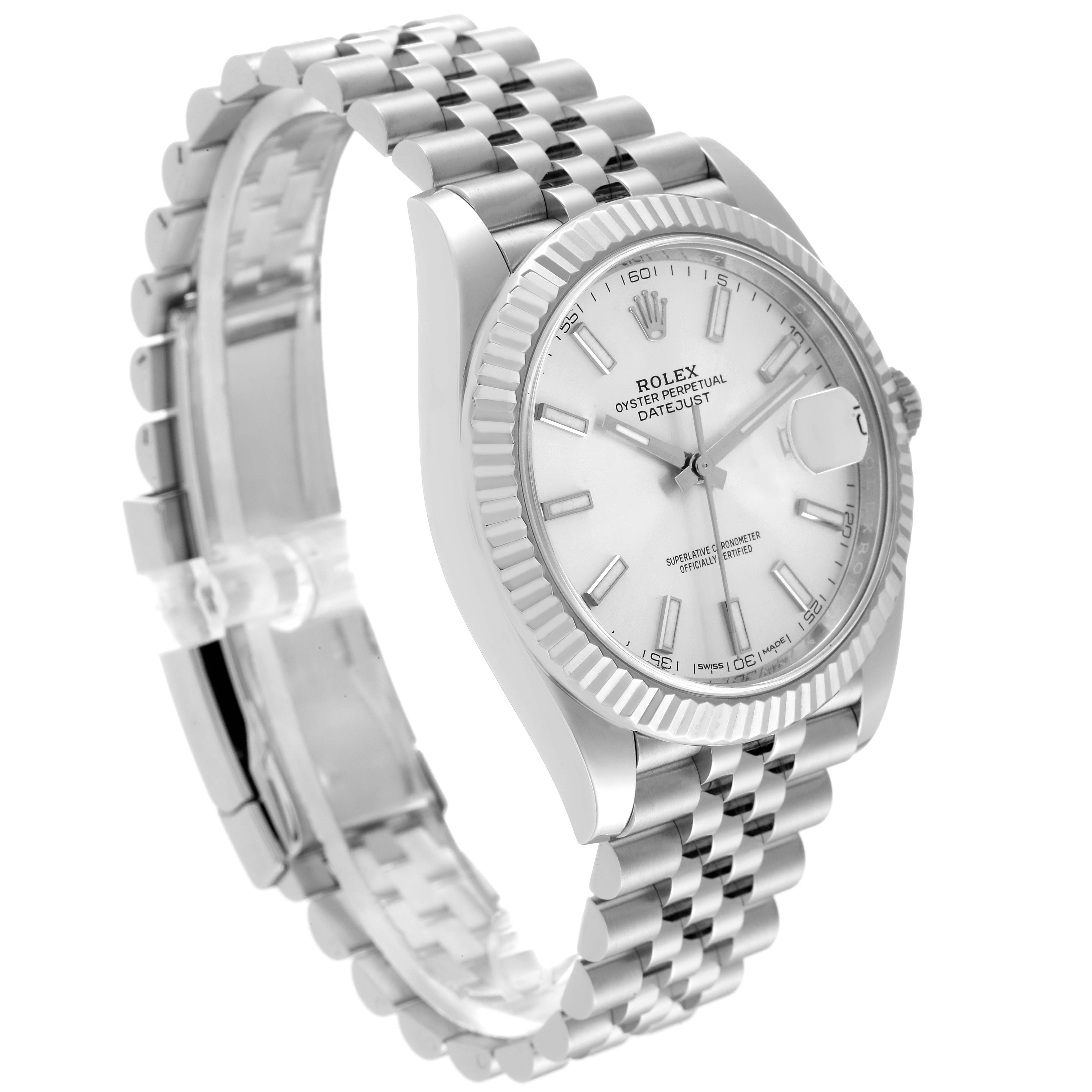 The image shows a front-left angled view of the Rolex Datejust 41 126334 Men's Stainless Steel Silver Dial 126334 Men's Stainless Steel Silver Dial watch, highlighting its dial, bezel, and bracelet.