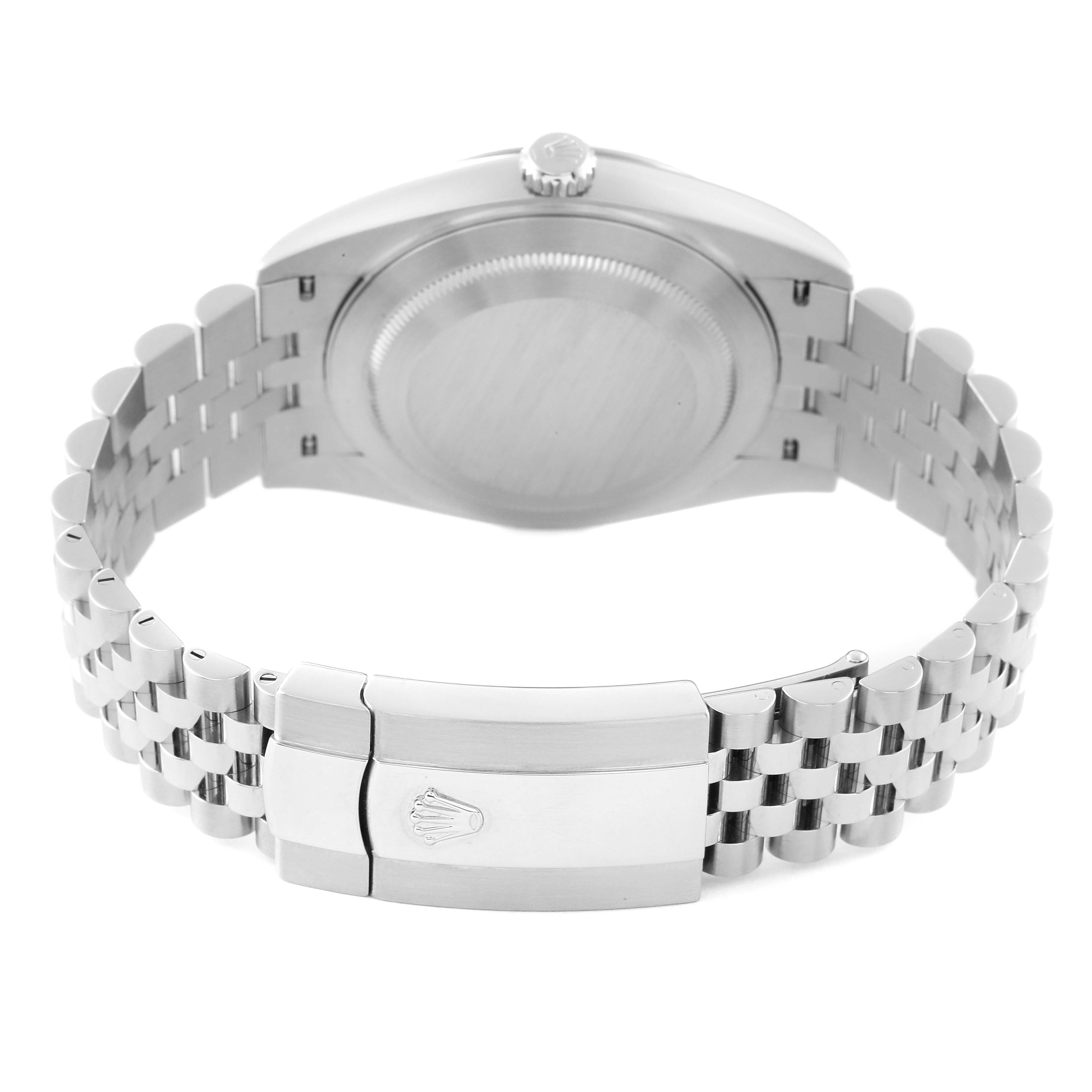 The image shows the backside of a Rolex Datejust 41 126334 Men's Stainless Steel Silver Dial 126334 Men's Stainless Steel Silver Dial watch, focusing on the caseback and bracelet clasp.