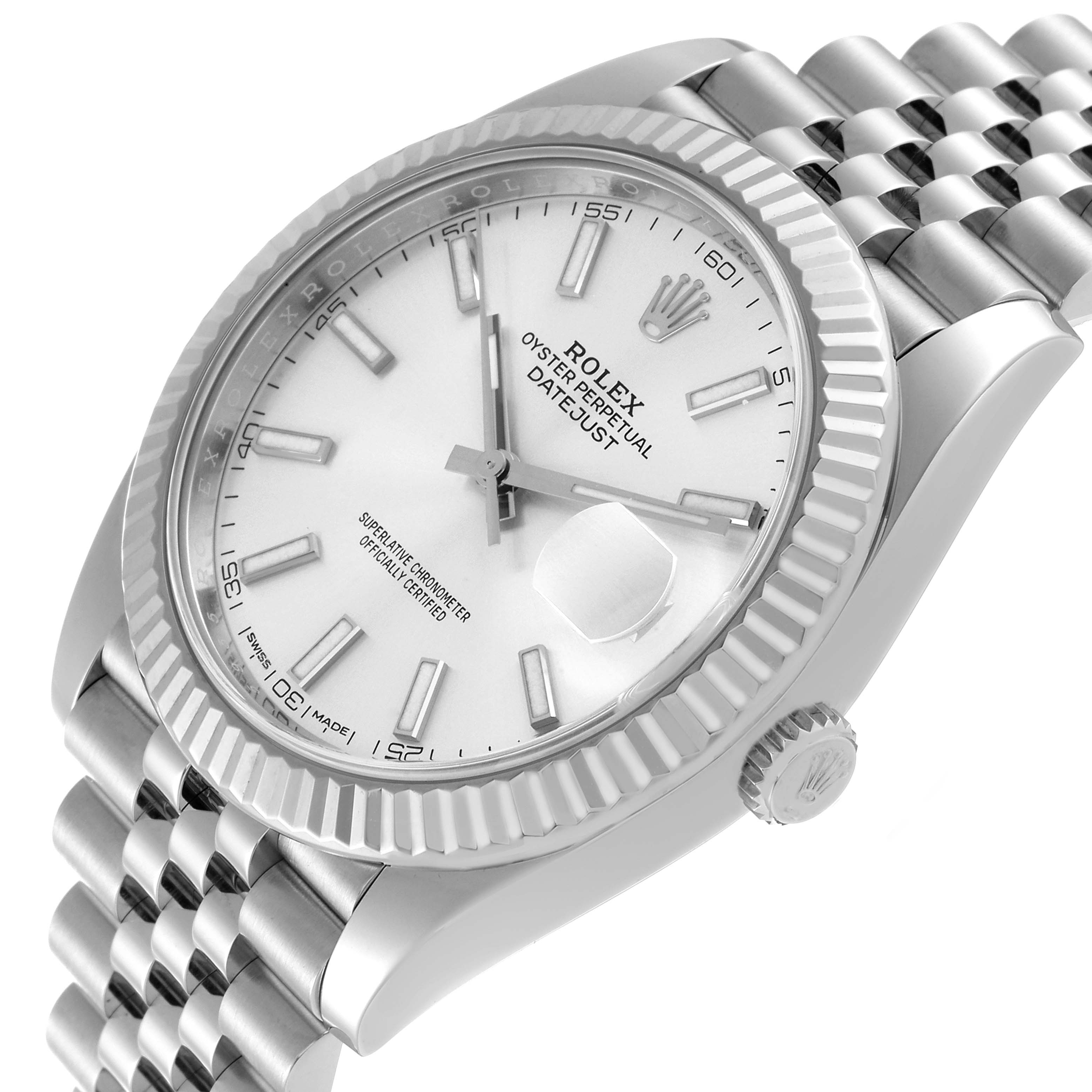The image shows a Rolex Datejust 41 126334 Men's Stainless Steel Silver Dial 126334 Men's Stainless Steel Silver Dial model at an angled side view, highlighting the dial, bezel, crown, and part of the bracelet.