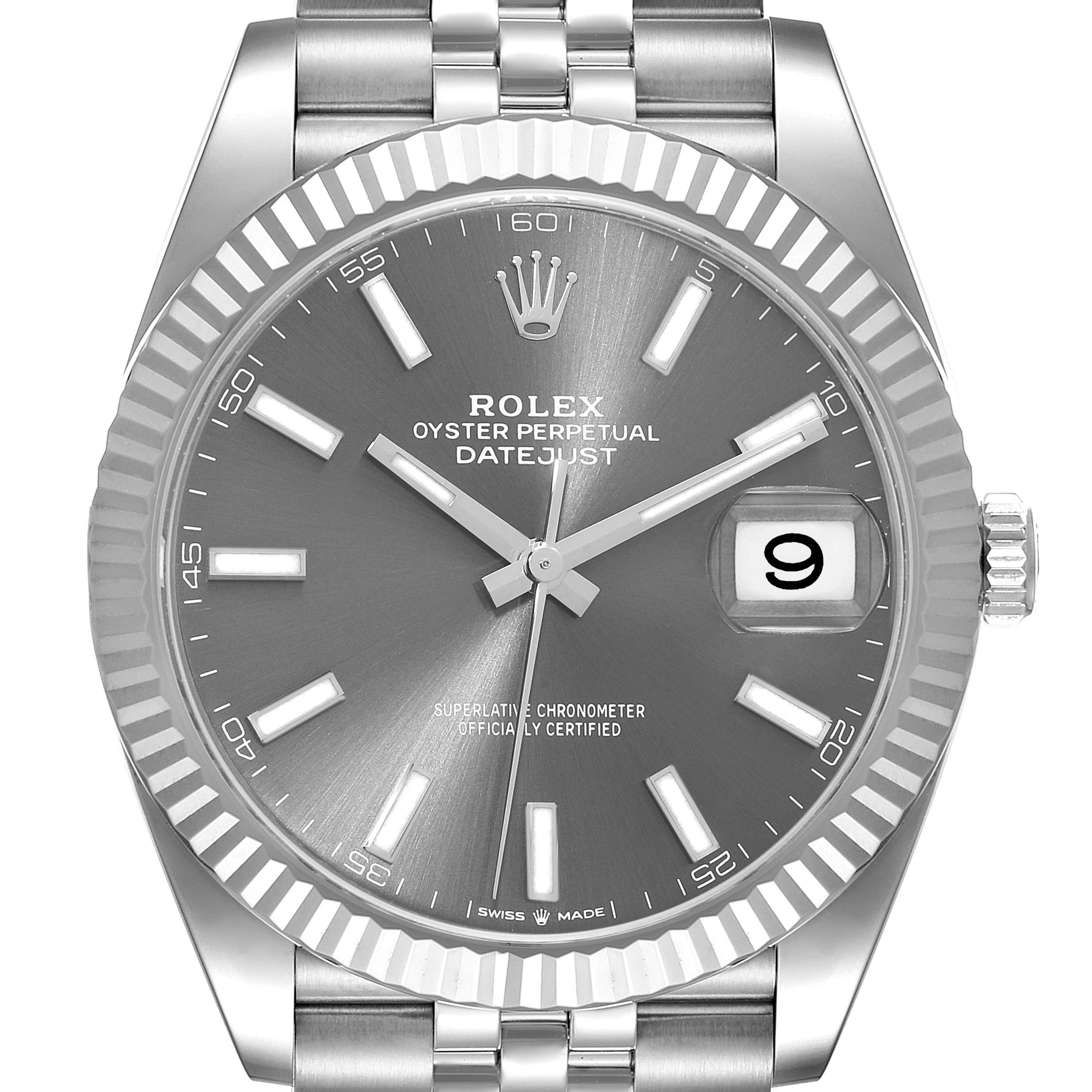 This is a close-up view of the Rolex Datejust 41 126334 Men's Stainless Steel Grey Dial 126334 Men's Stainless Steel Grey Dial watch, showing the dial, bezel, crown, and part of the bracelet.