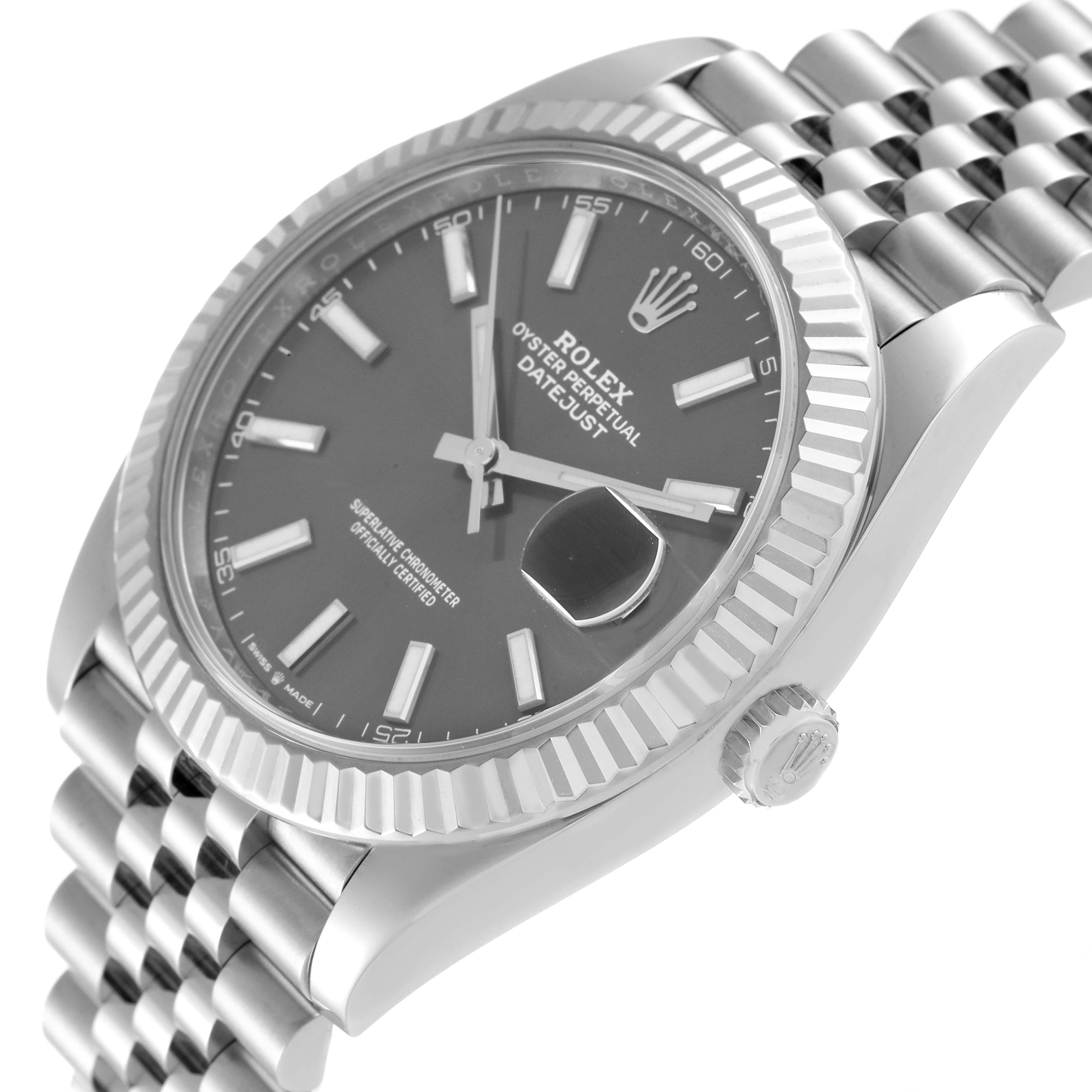The image shows a Rolex Datejust 41 126334 Men's Stainless Steel Grey Dial 126334 Men's Stainless Steel Grey Dial watch at a three-quarters angle, highlighting the crown, case, dial, and bracelet.