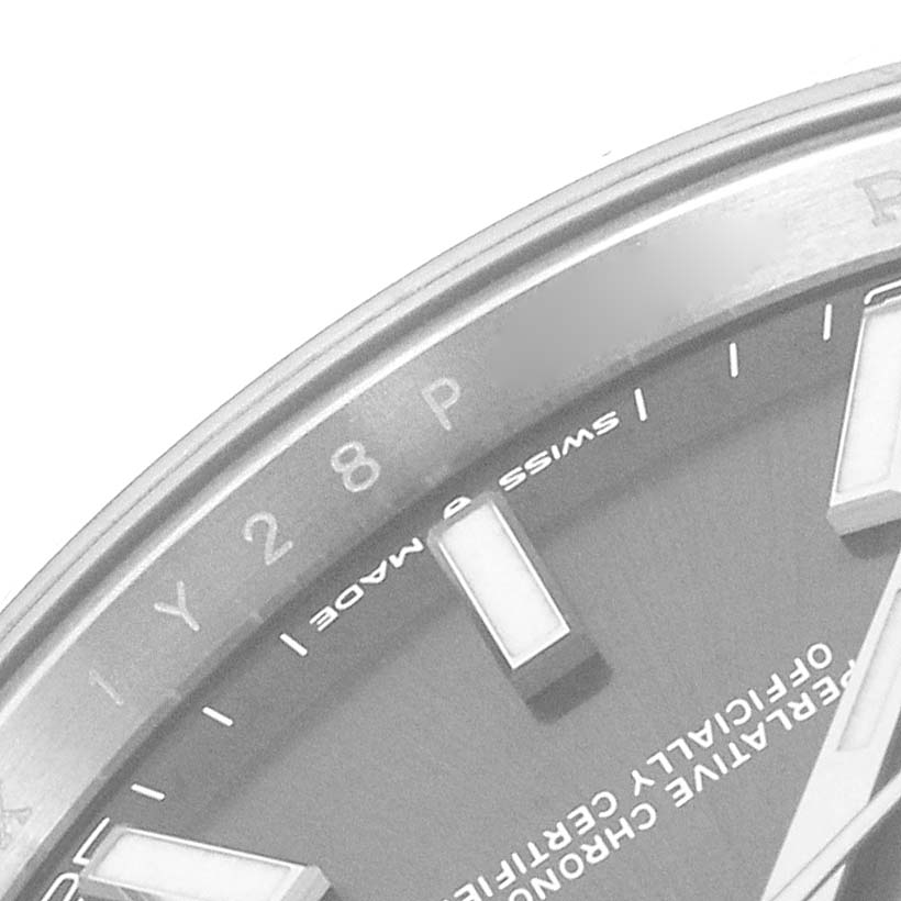 The image shows a close-up of a section of the dial and bezel of the Rolex Datejust 41 126334 Men's Stainless Steel Grey Dial 126334 Men's Stainless Steel Grey Dial watch.