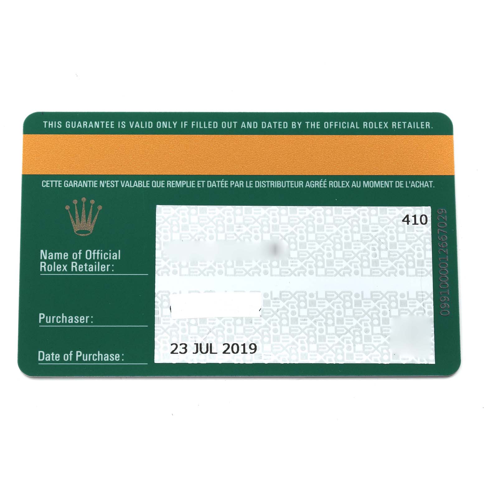 The image shows the guarantee card for the Rolex Datejust 41 126334 Men's Stainless Steel Grey Dial 126334 Men's Stainless Steel Grey Dial model, displaying purchase details and retailer information.