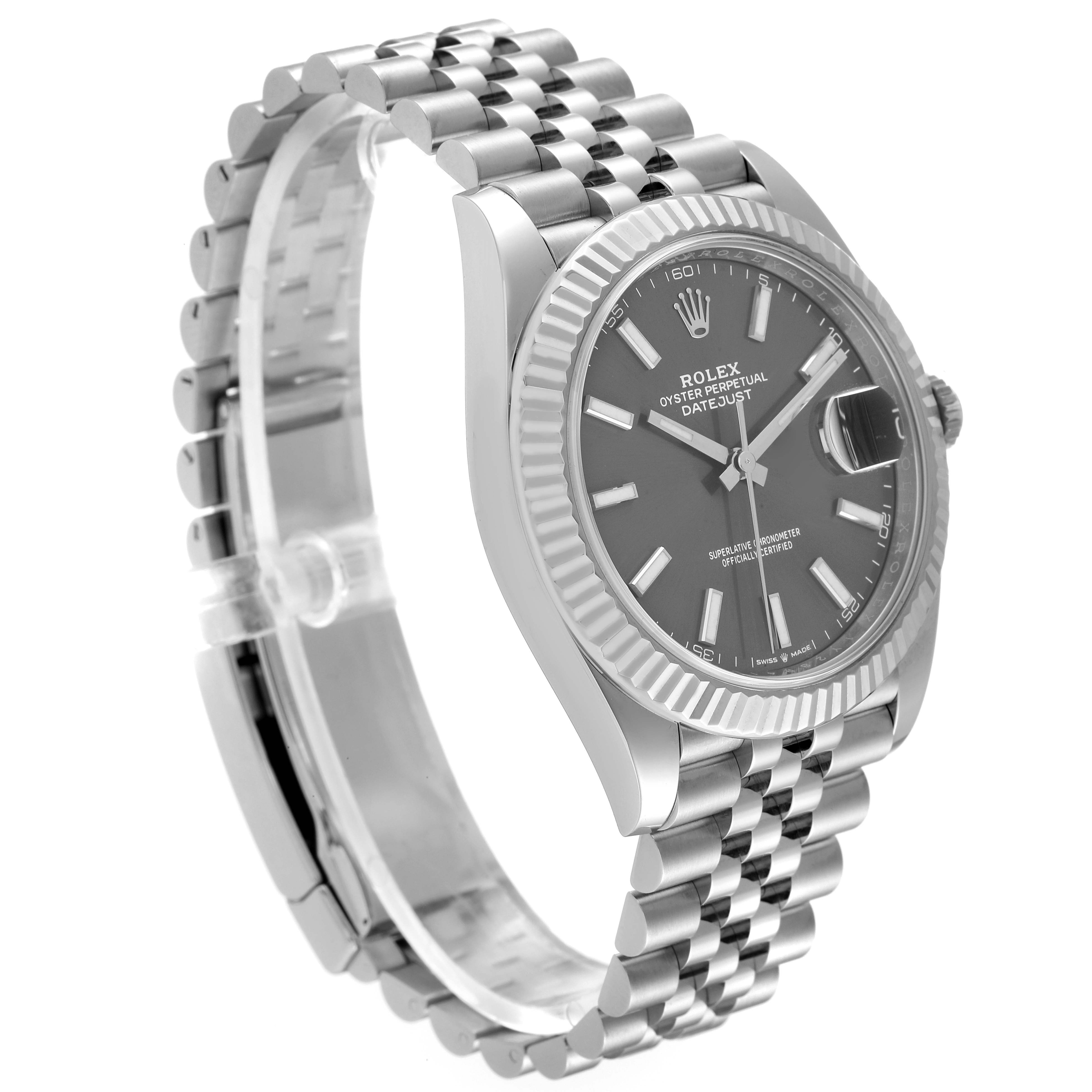 This Rolex Datejust 41 126334 Men's Stainless Steel Grey Dial 126334 Men's Stainless Steel Grey Dial watch is shown at a three-quarter angle, highlighting its fluted bezel, dial, and Jubilee bracelet.