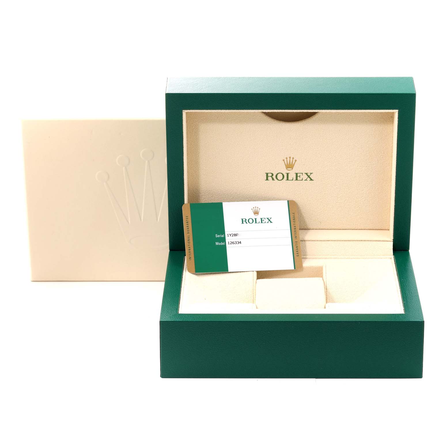 The image shows the packaging box, inner box, and authenticity card for a Rolex Datejust 41 126334 Men's Stainless Steel Grey Dial 126334 Men's Stainless Steel Grey Dial model.